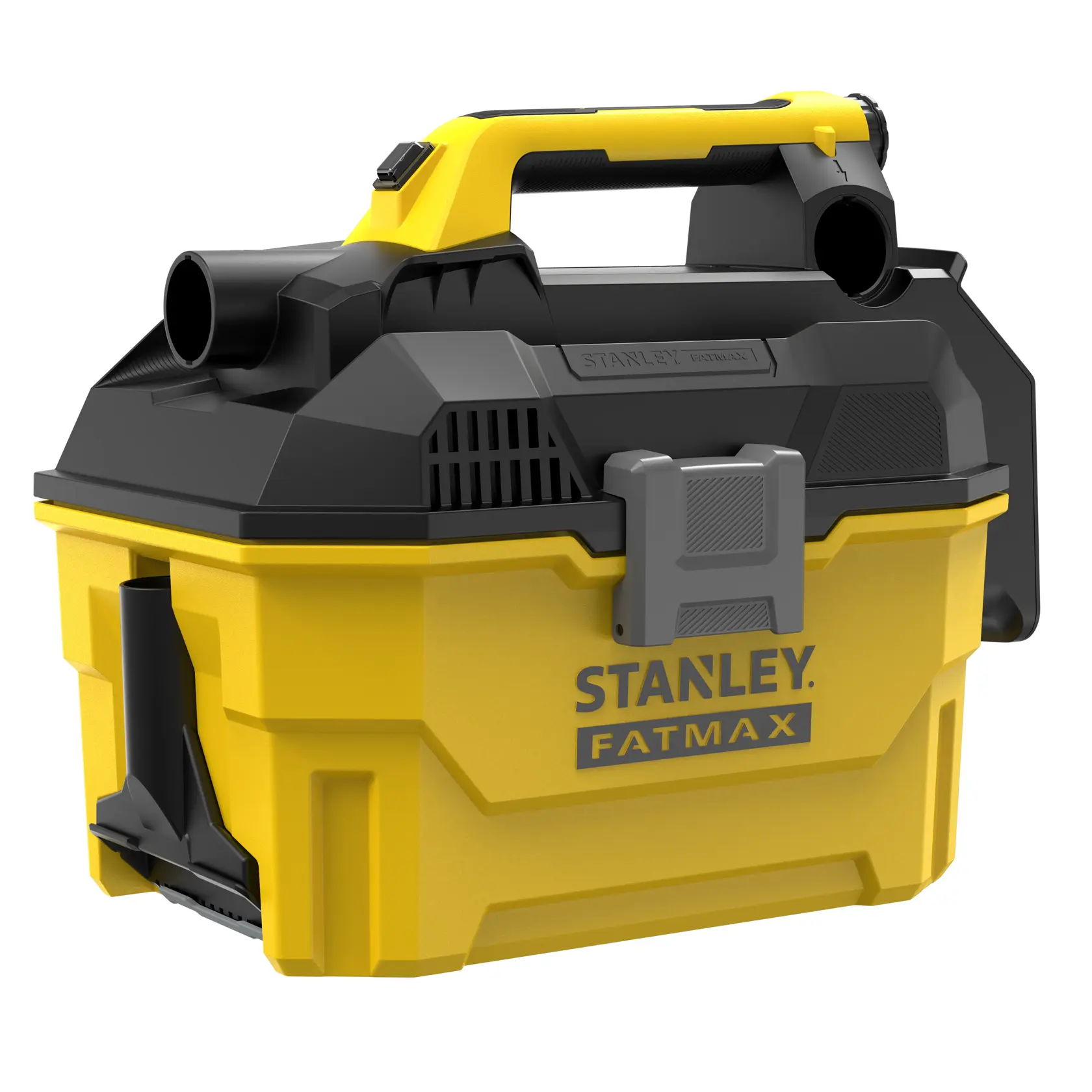 Photo of STANLEY SFMCV002B yellow and black portable wet/dry vacuum cleaner, angled on white background.