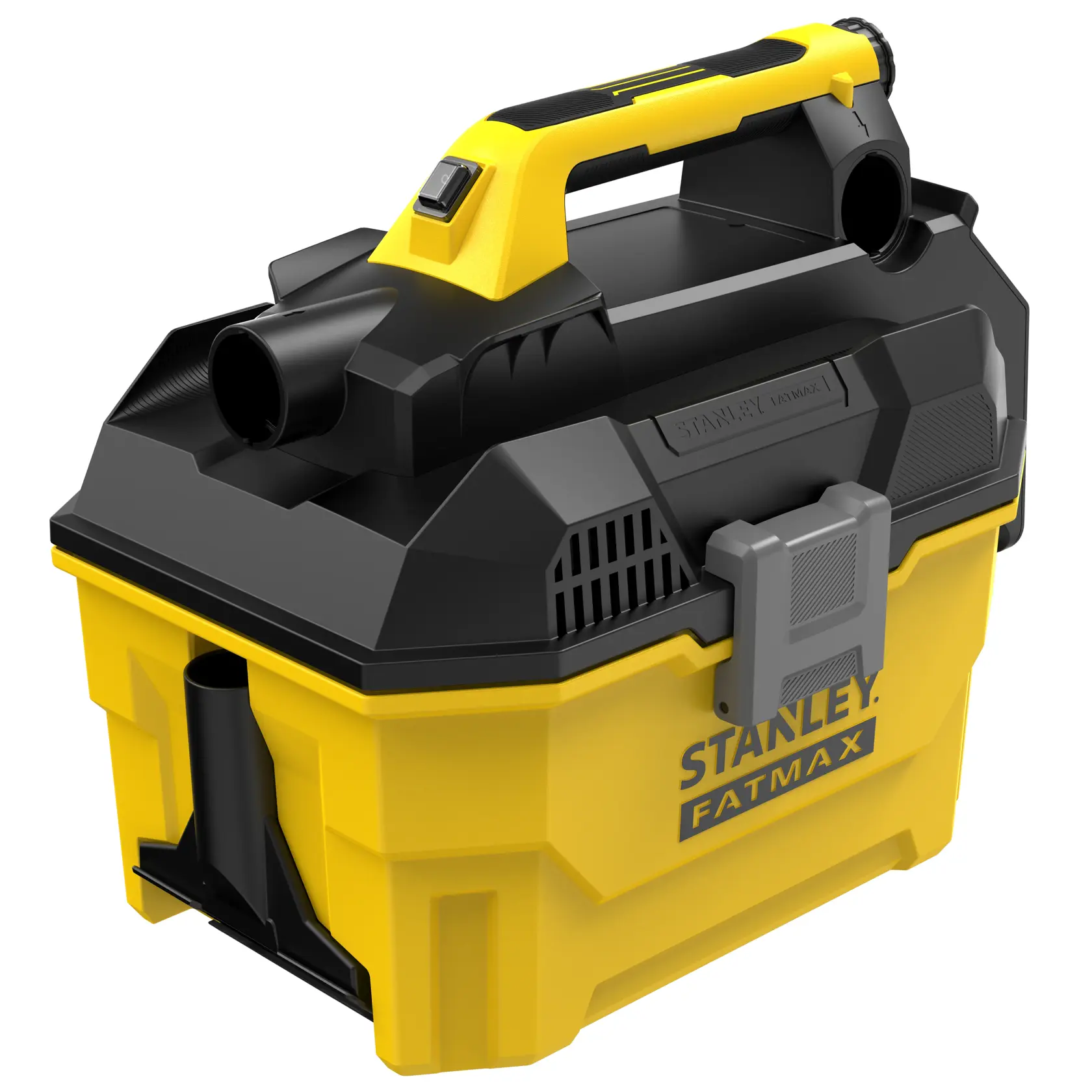 STANLEY SFMCV002B wet dry vacuum, yellow and black, three-quarter angle on white background.