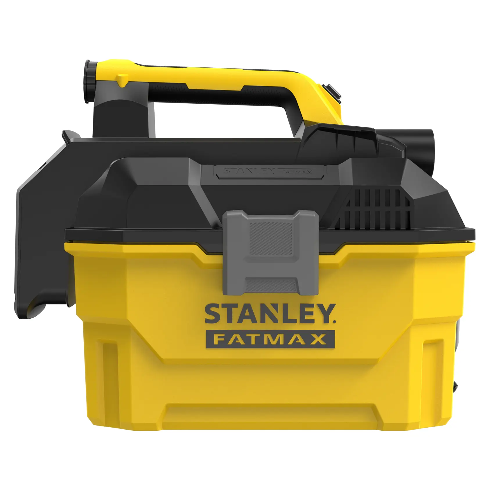 STANLEY SFMCV002B wet dry vacuum side view, yellow and black, large handle, compact design, white background.