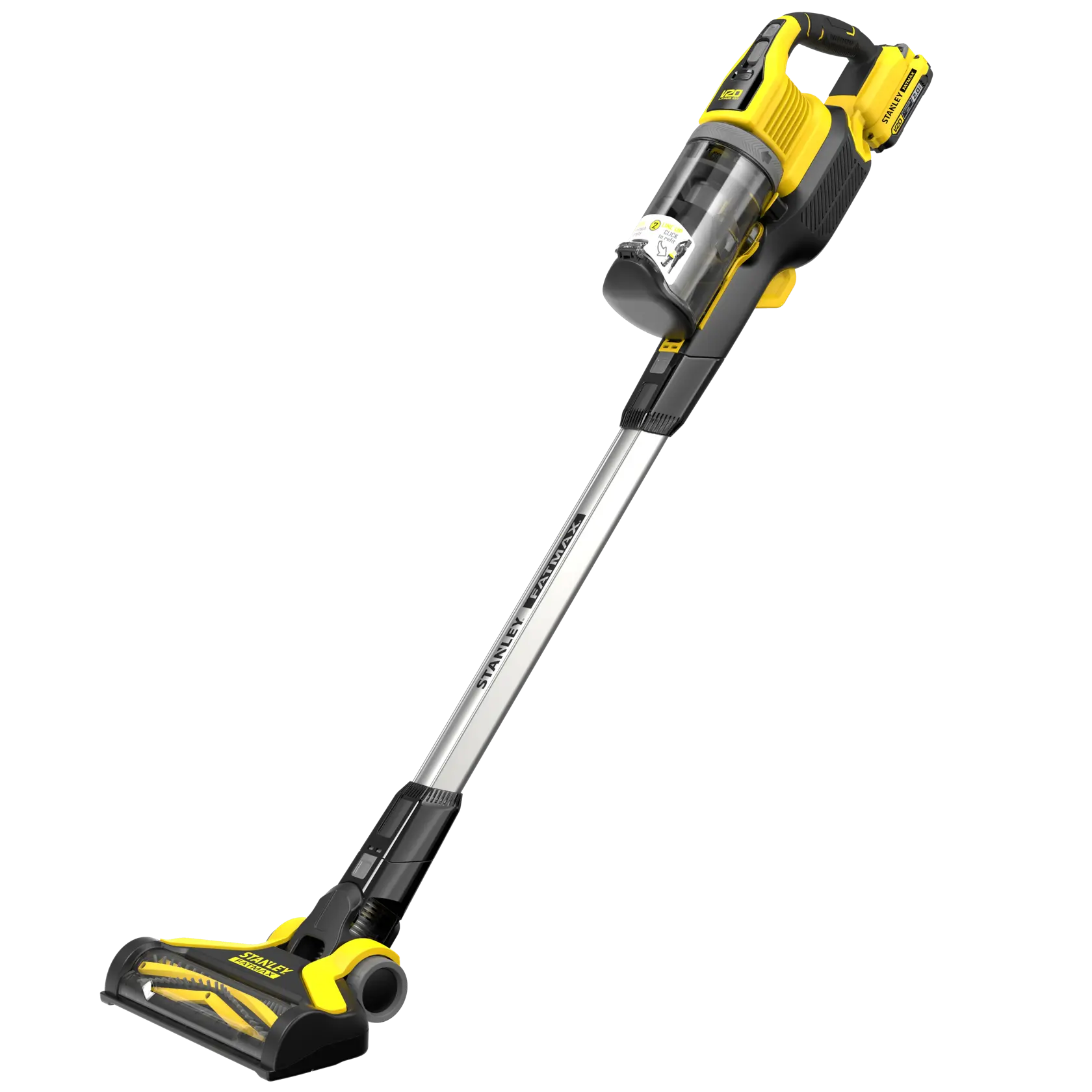 STANLEY SFMCVS001D1 cordless stick vacuum, yellow and black, side angle on white background.