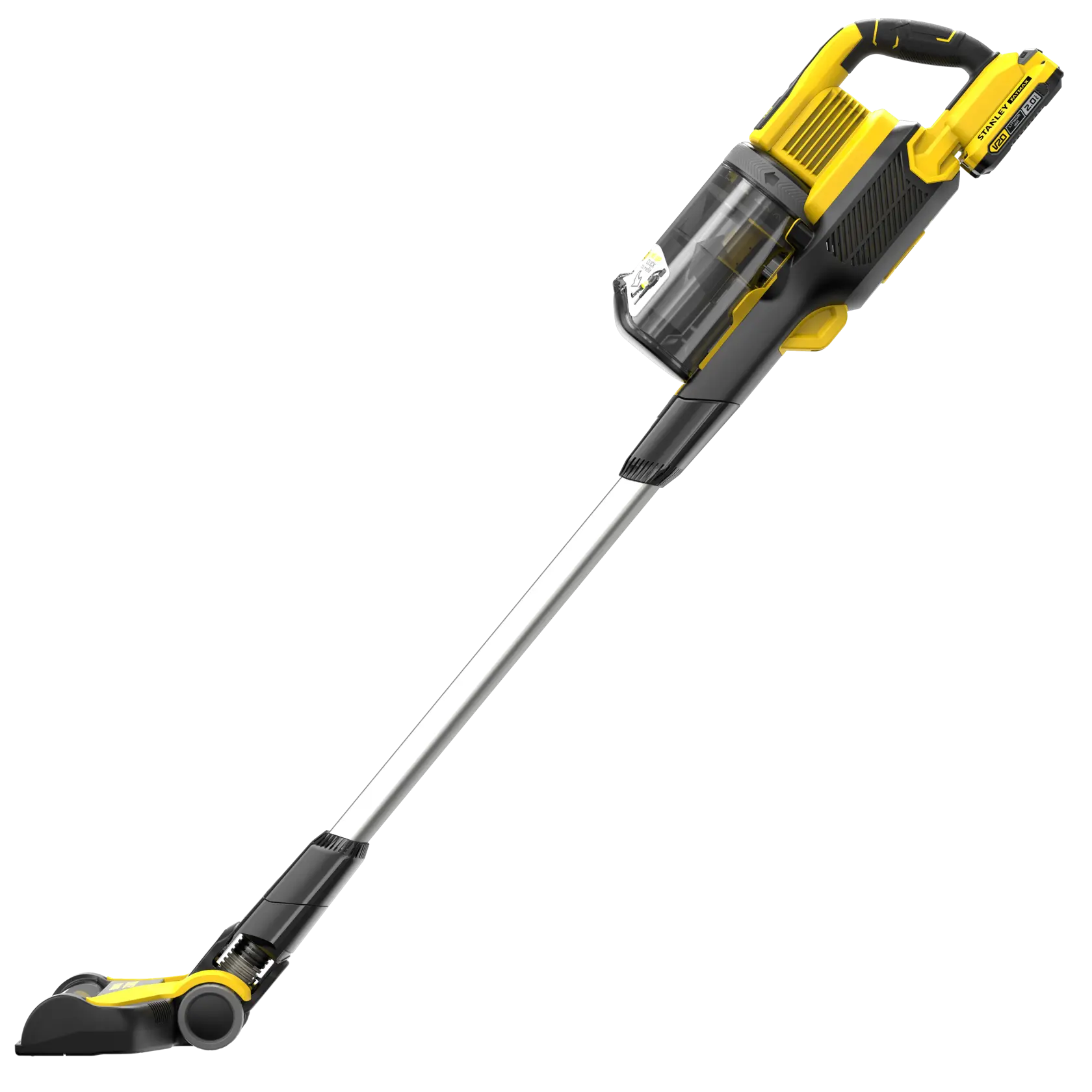 STANLEY SFMCVS001D1 cordless stick vacuum, yellow and black, side angle on white background.