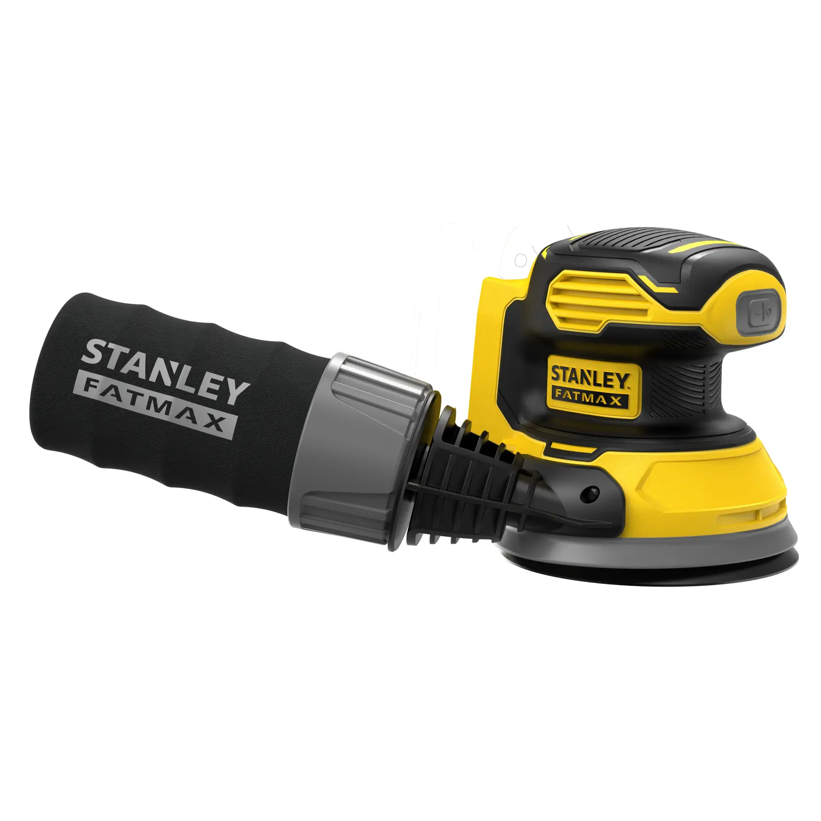 STANLEY SFMCW220B cordless random orbital sander, yellow and black, side view on white background.
