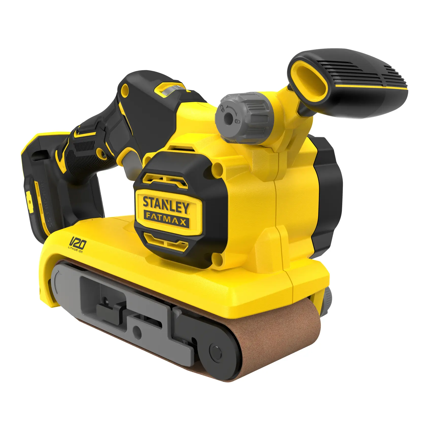 STANLEY SFMCW223B-XJ V20 cordless belt sander, yellow and black, angled view on white background.