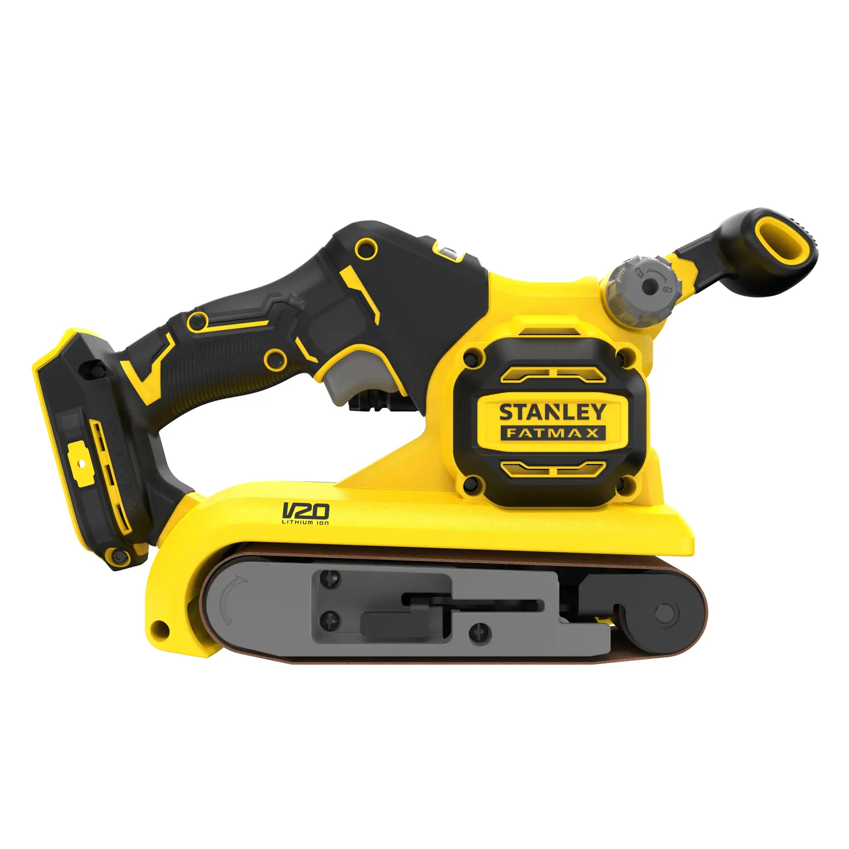 STANLEY SFMCW223B cordless belt sander, yellow and black, side view on white background.