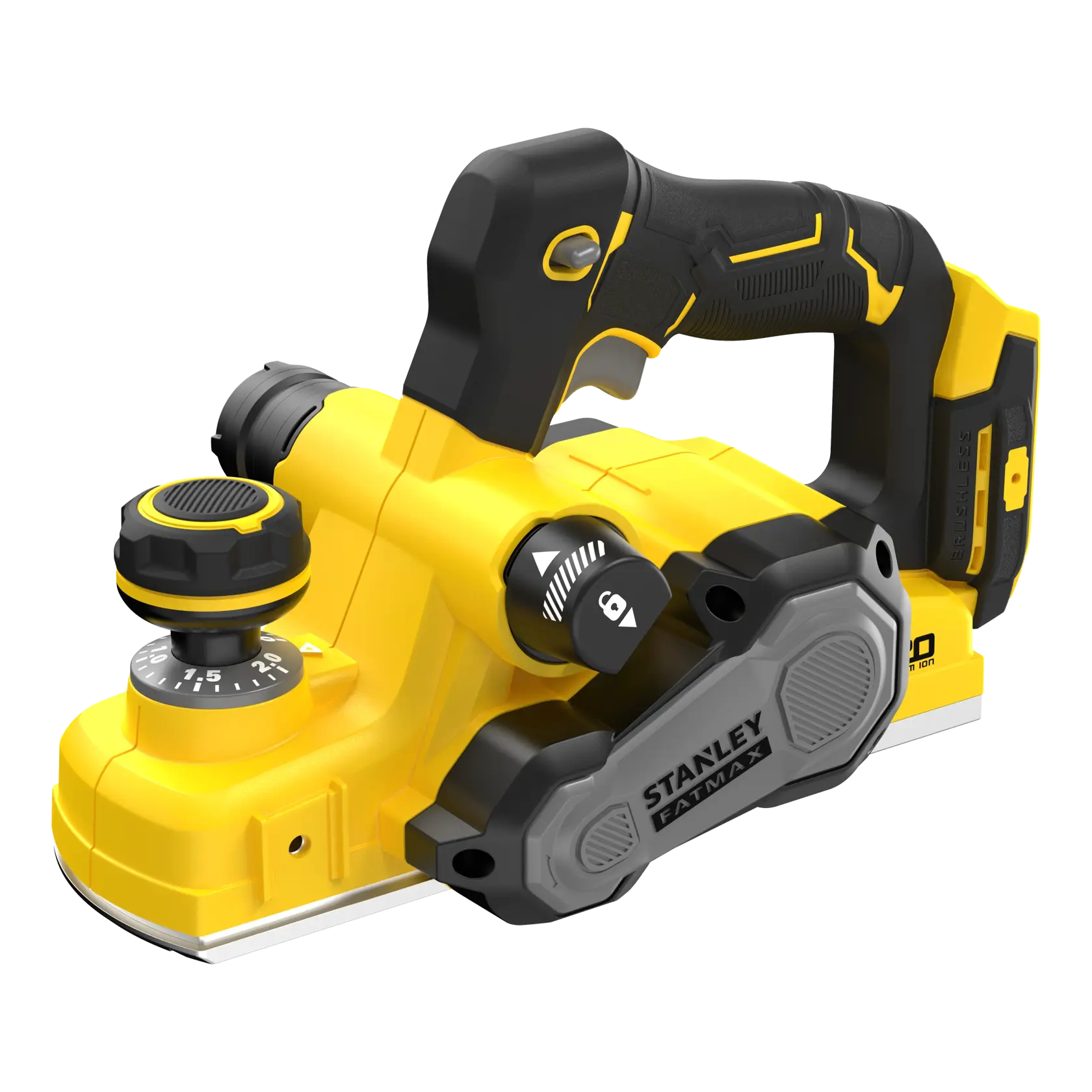 STANLEY SFMCW300B cordless planer, yellow and black, front angle on white background.