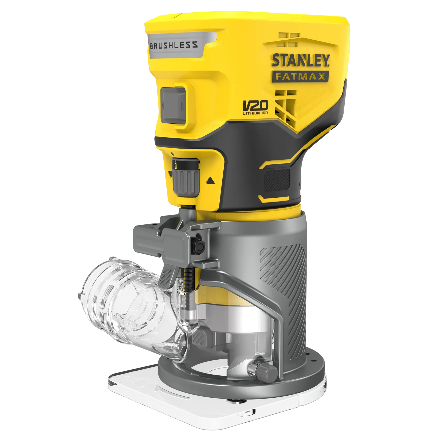 Photo of STANLEY SFMCW400B cordless brushless trim router, yellow and black, front angle on white background.