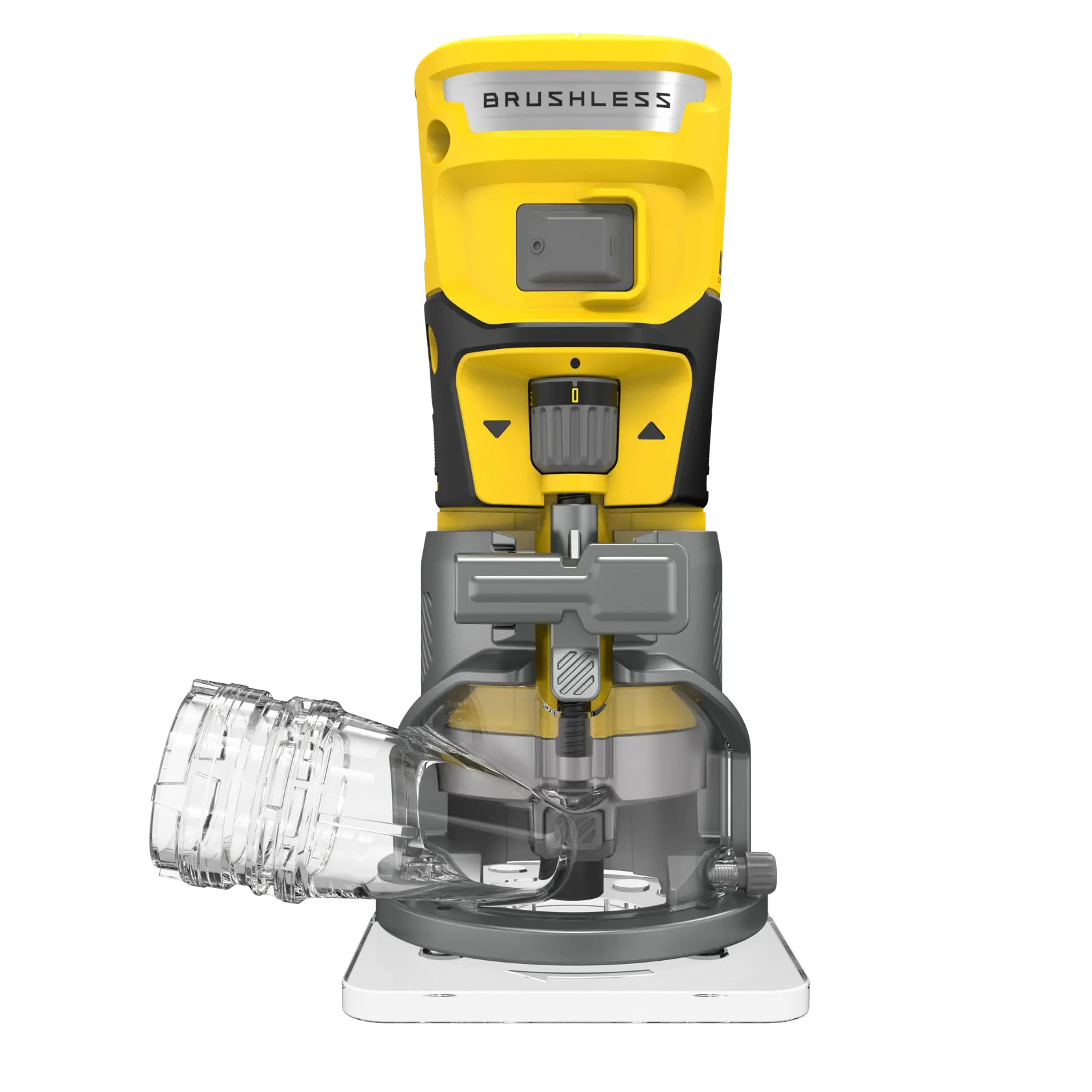STANLEY SFMCW400B compact cordless router, front view, yellow and black with dust extraction port.