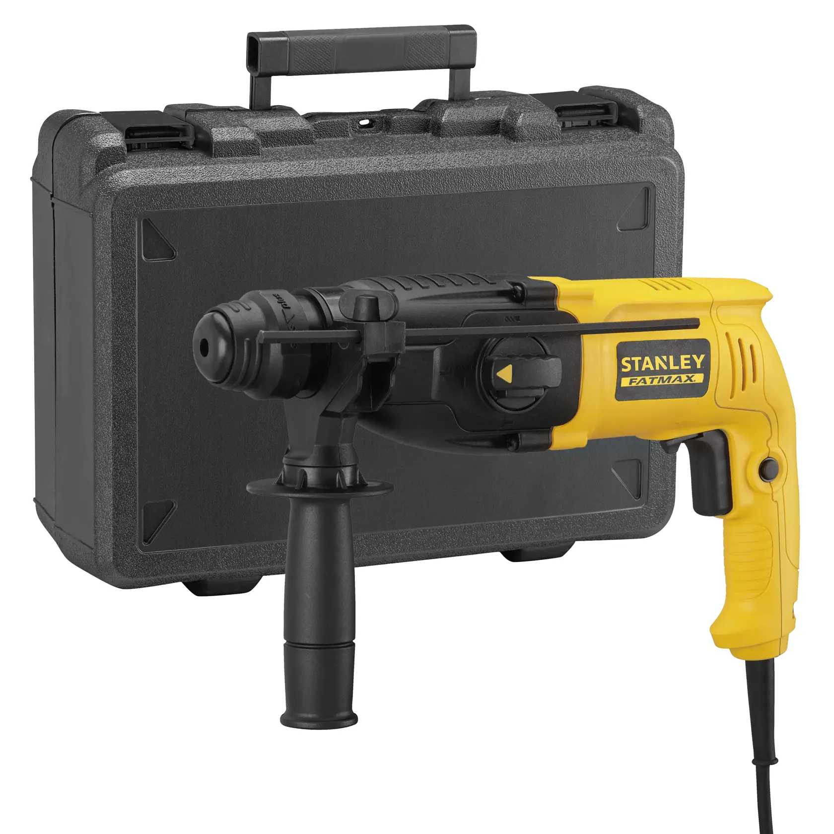 STANLEY SFMEH200K yellow and black rotary hammer drill with side handle, shown with hard carrying case, front angle.