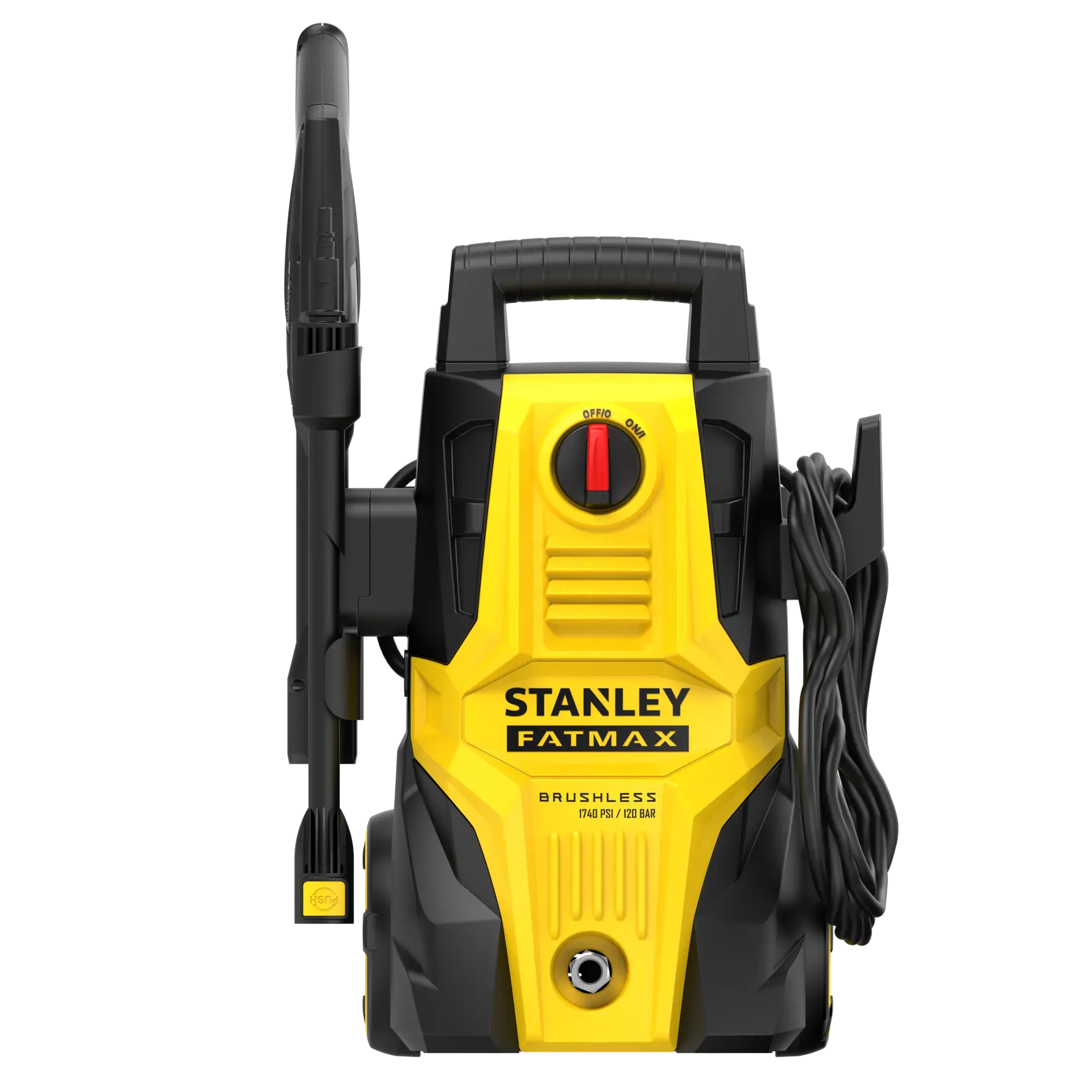 STANLEY SFMPW1740 pressure washer, yellow and black, front angle, cord and nozzle attached.