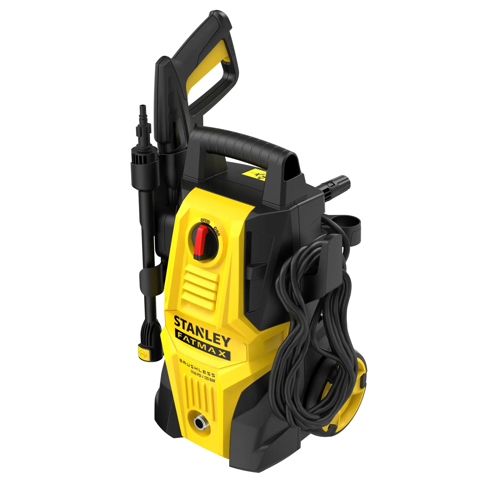 Stanley SFMPW1740 pressure washer front angle, yellow and black design with hose and nozzle attached.