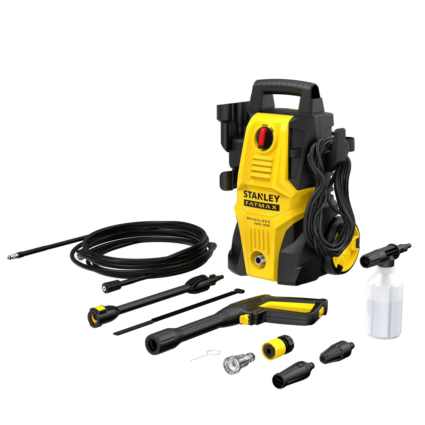 STANLEY SFMPW1740 pressure washer, yellow and black, front angle, with hose and handle visible.