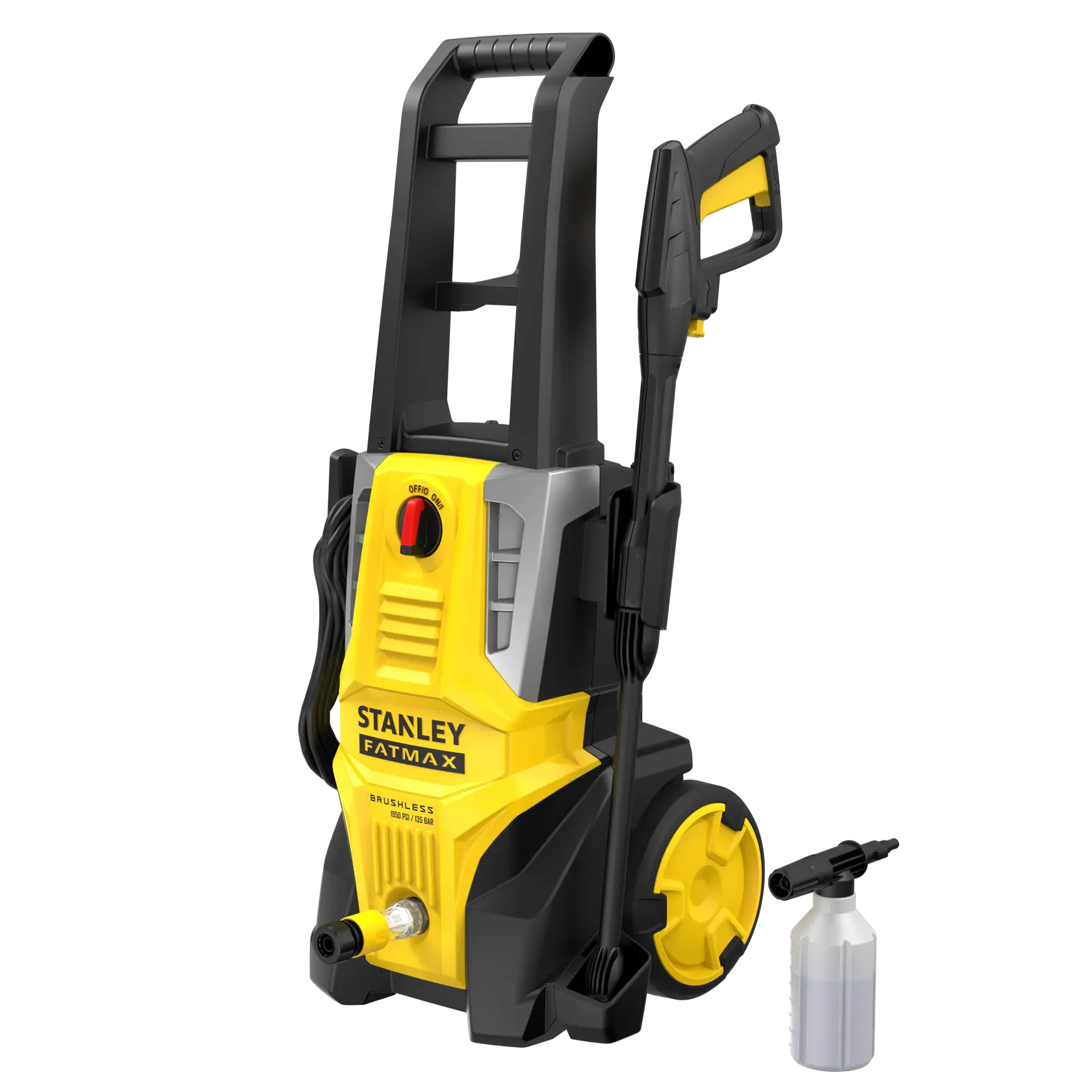 Photo of STANLEY SFMPW2000 pressure washer with yellow and black body, wheels, handle, spray gun, and detergent bottle.
