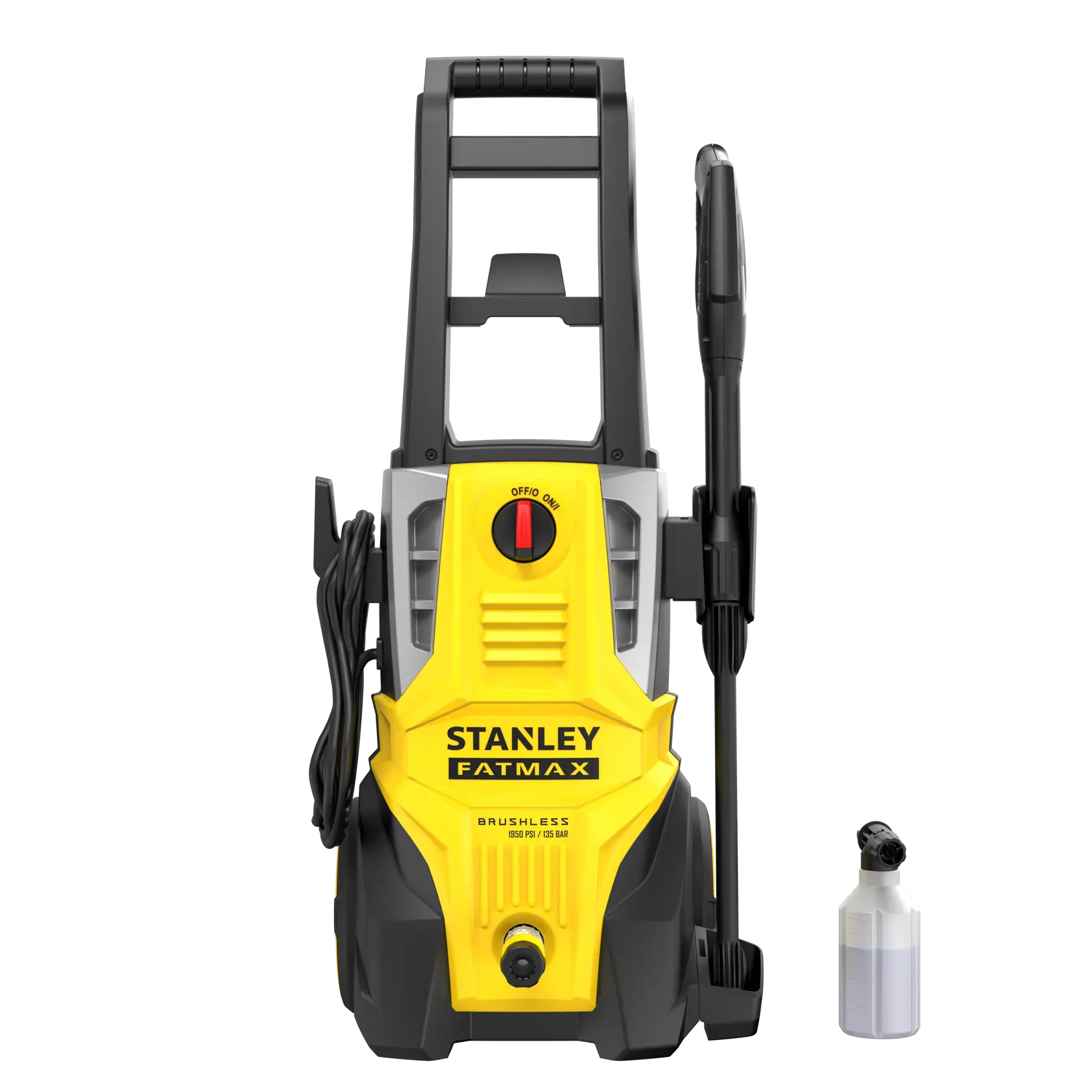 Photo of STANLEY SFMPW2000 pressure washer, yellow and black, front angle, with lance and detergent bottle.