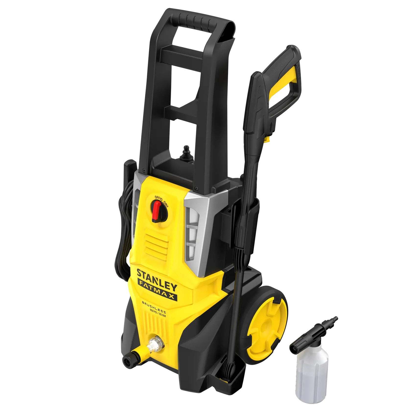 Photo of STANLEY SFMPW2000 pressure washer, yellow and black, shown with spray gun and detergent bottle, front angle.