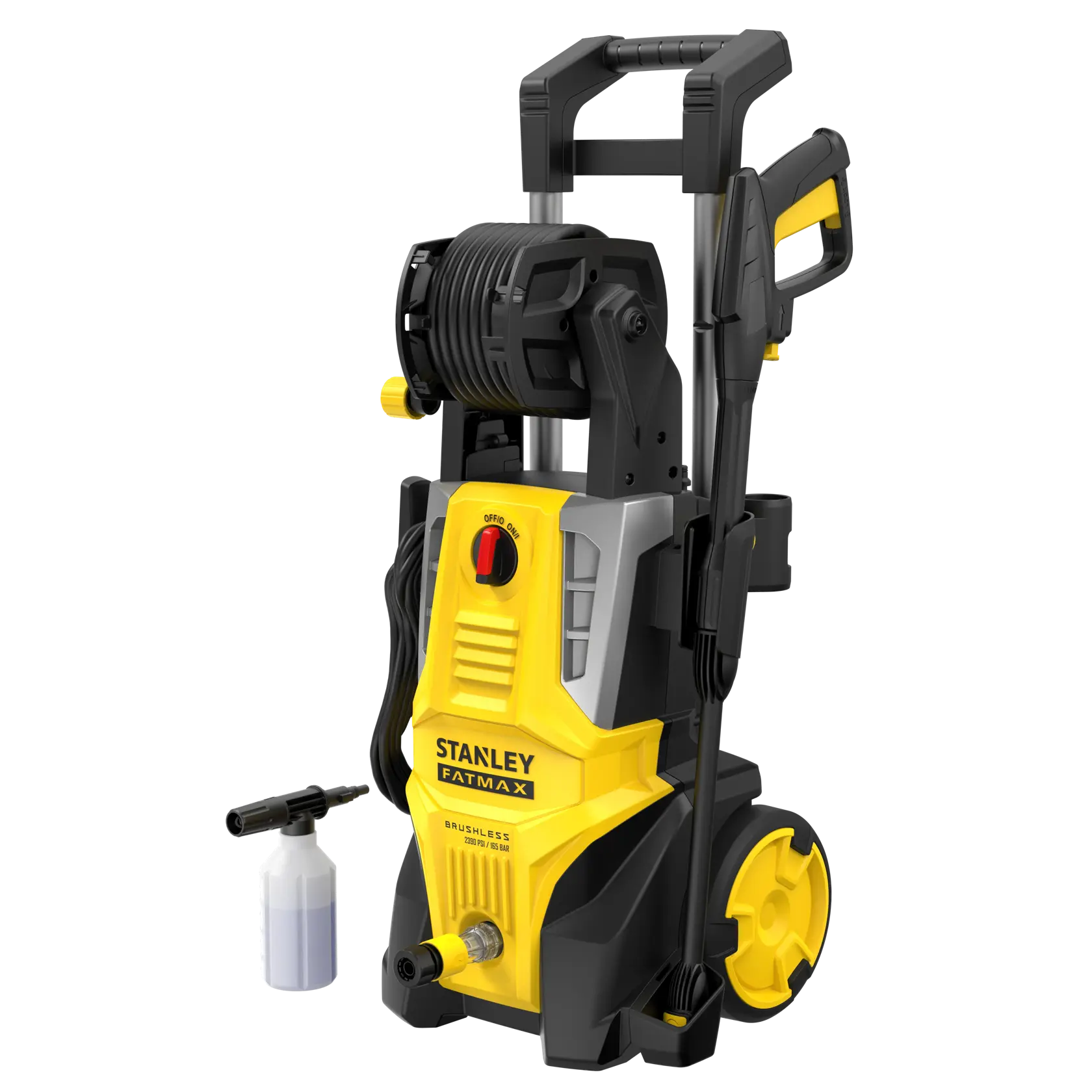 STANLEY SFMPW2400 pressure washer, yellow and black, front view, with detergent bottle accessory.