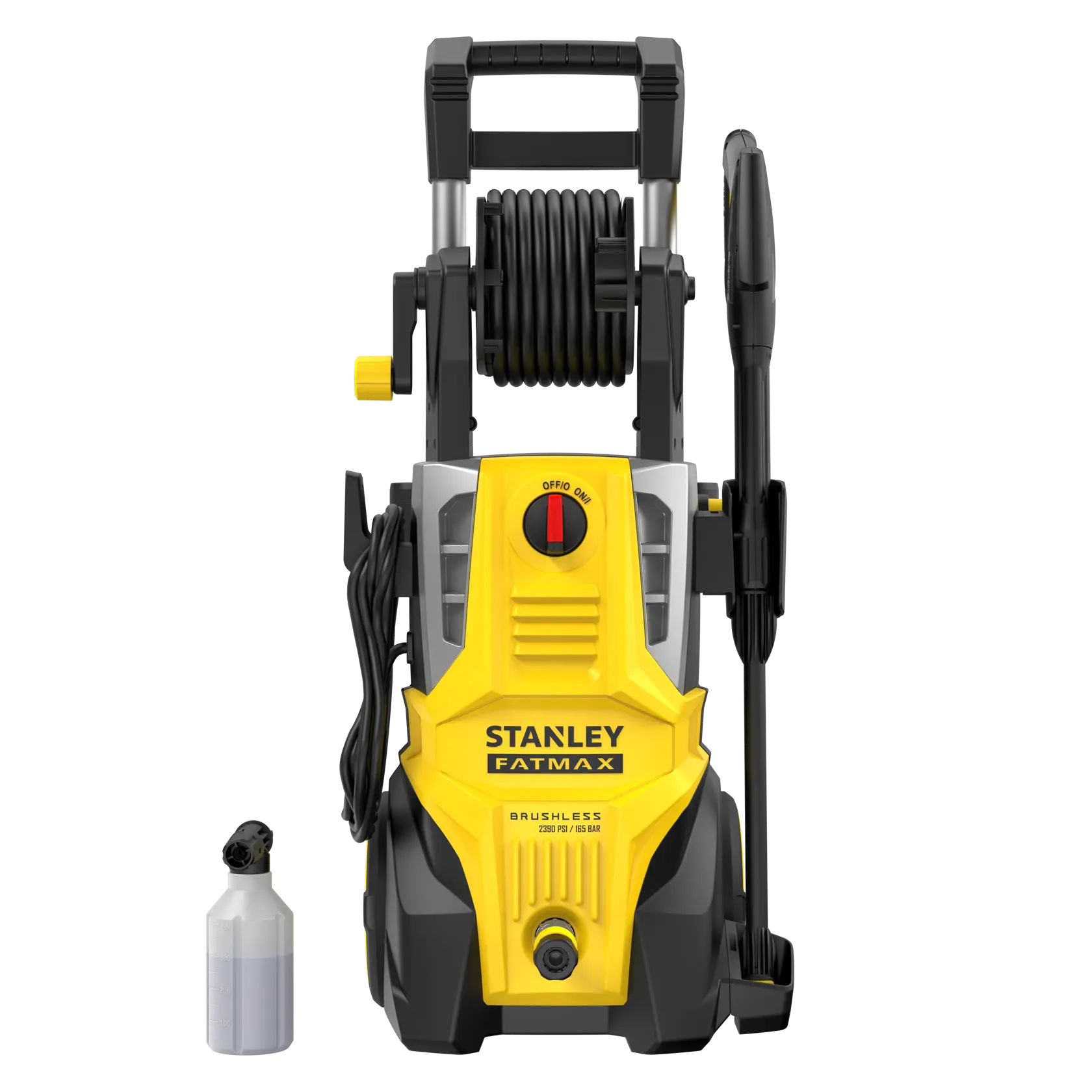 STANLEY SFMPW2400 pressure washer, yellow and black, front view, with detergent bottle accessory.