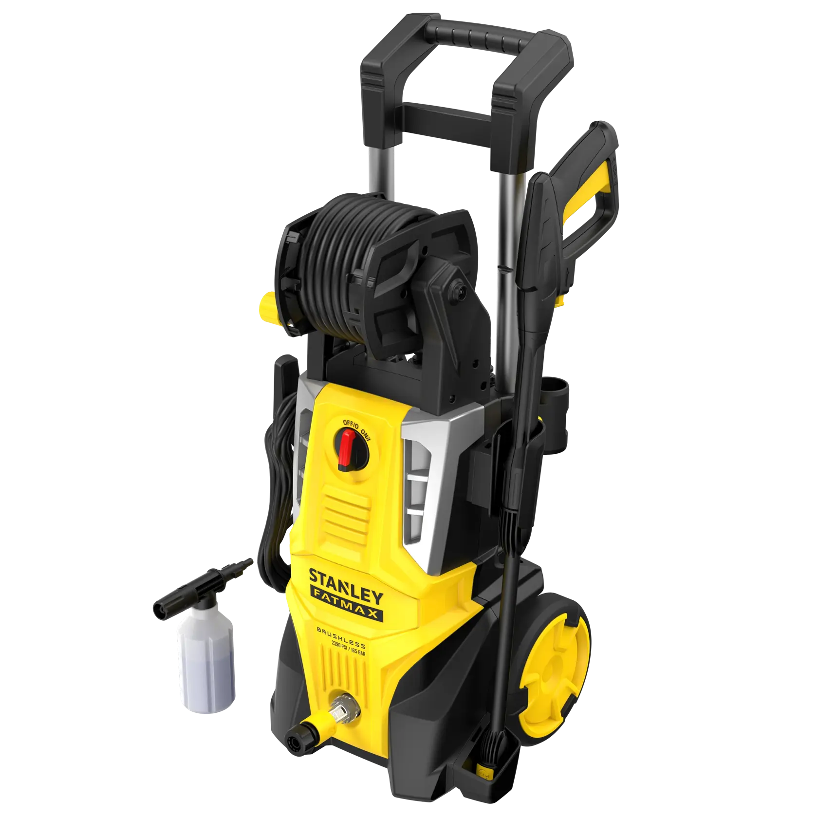 STANLEY SFMPW2400 yellow and black pressure washer front angle with hose reel and detergent bottle.