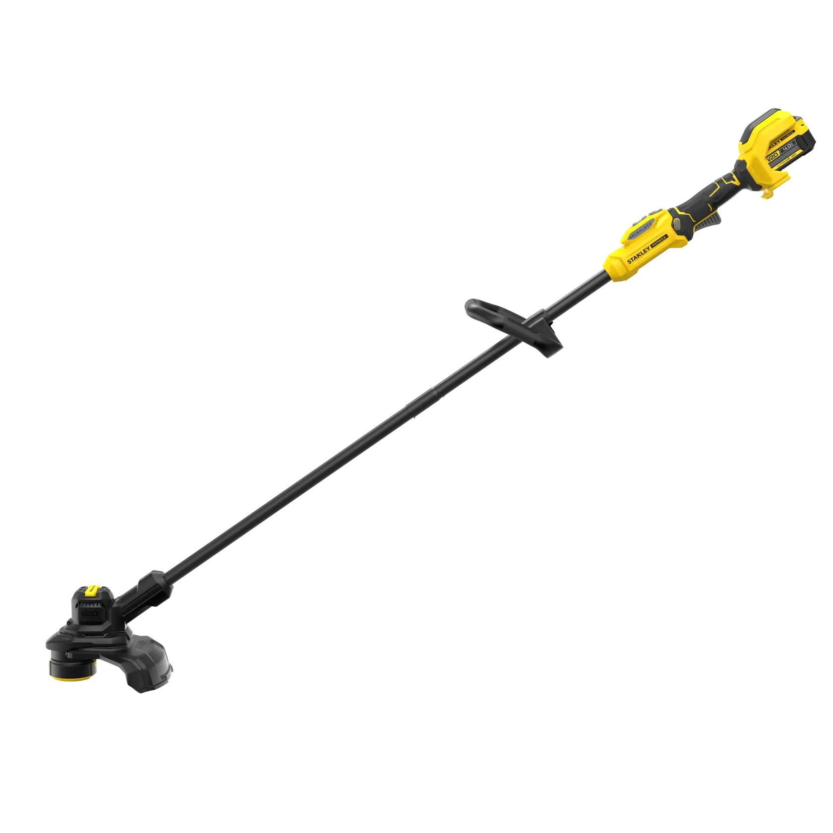STANLEY SFMSTB930M cordless yellow and black grass trimmer, side angle, on white background.