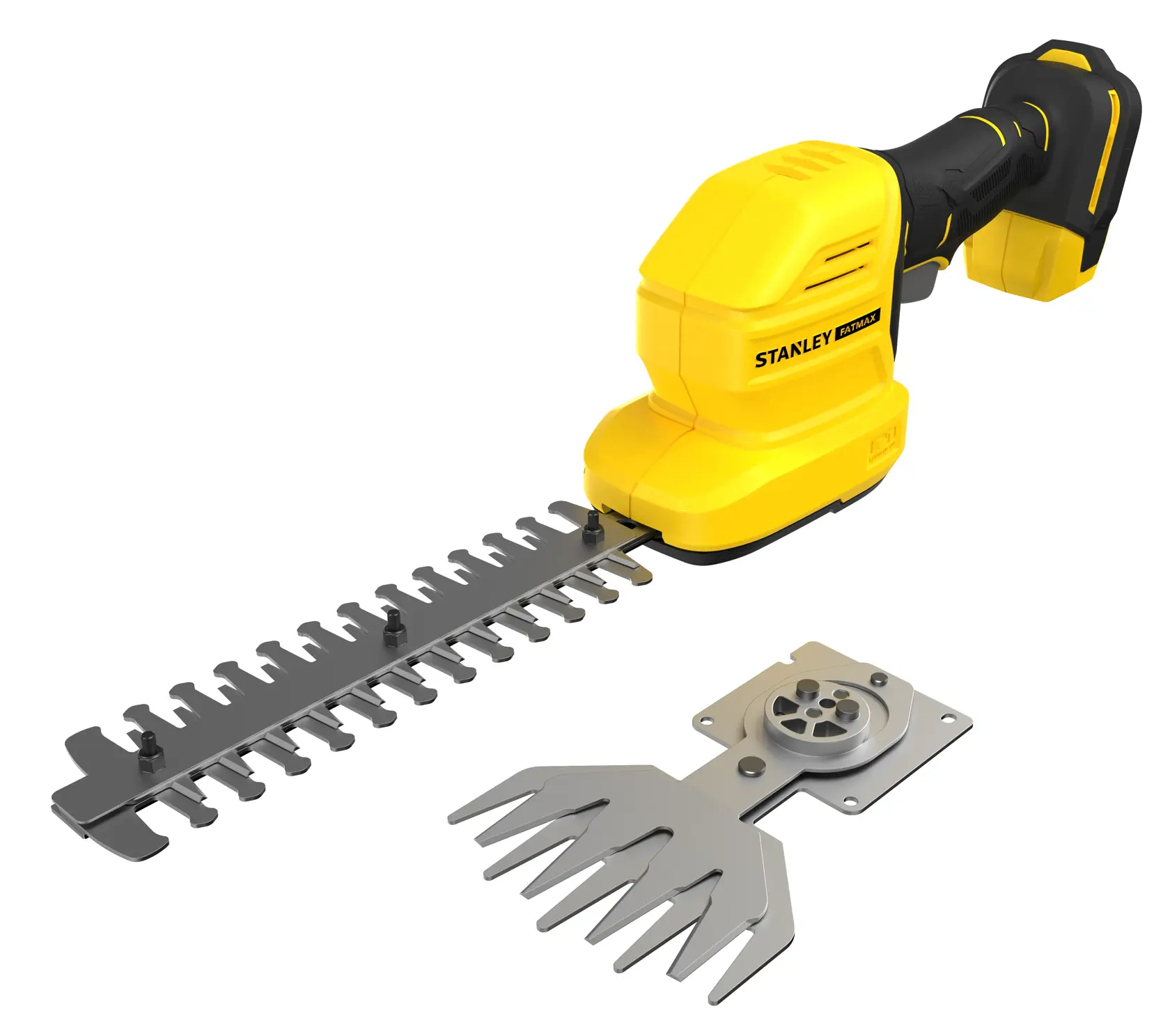 Photo of STANLEY STCSS20B yellow cordless shrub shear with extra blade attachment, product angle on white background.
