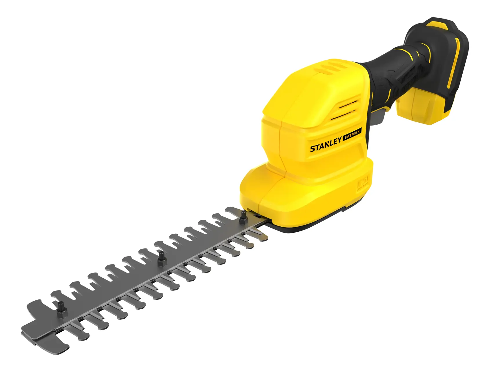 STANLEY STCSS20B cordless yellow shrub shear, side angle on white background.