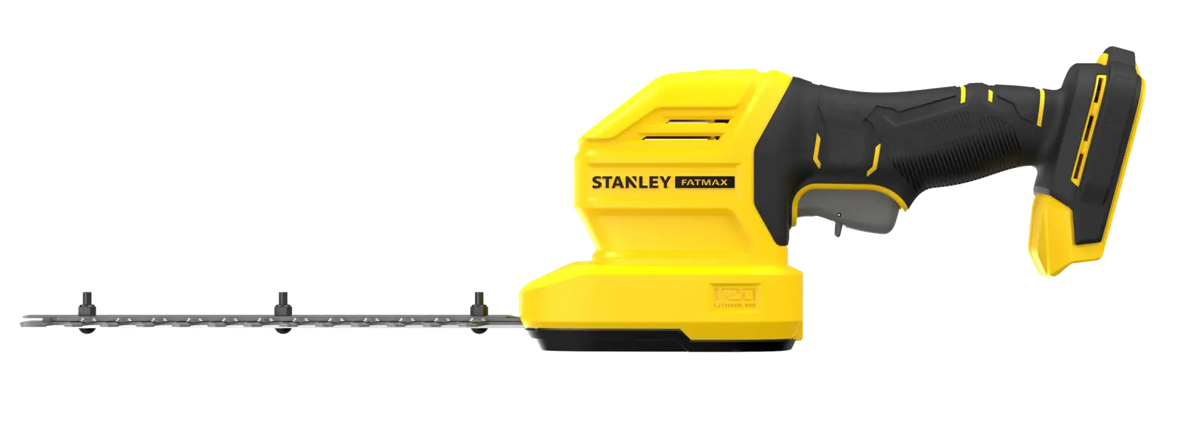 STANLEY STCSS20B yellow and black hedge trimmer, side view, Fatmax series, on white background.