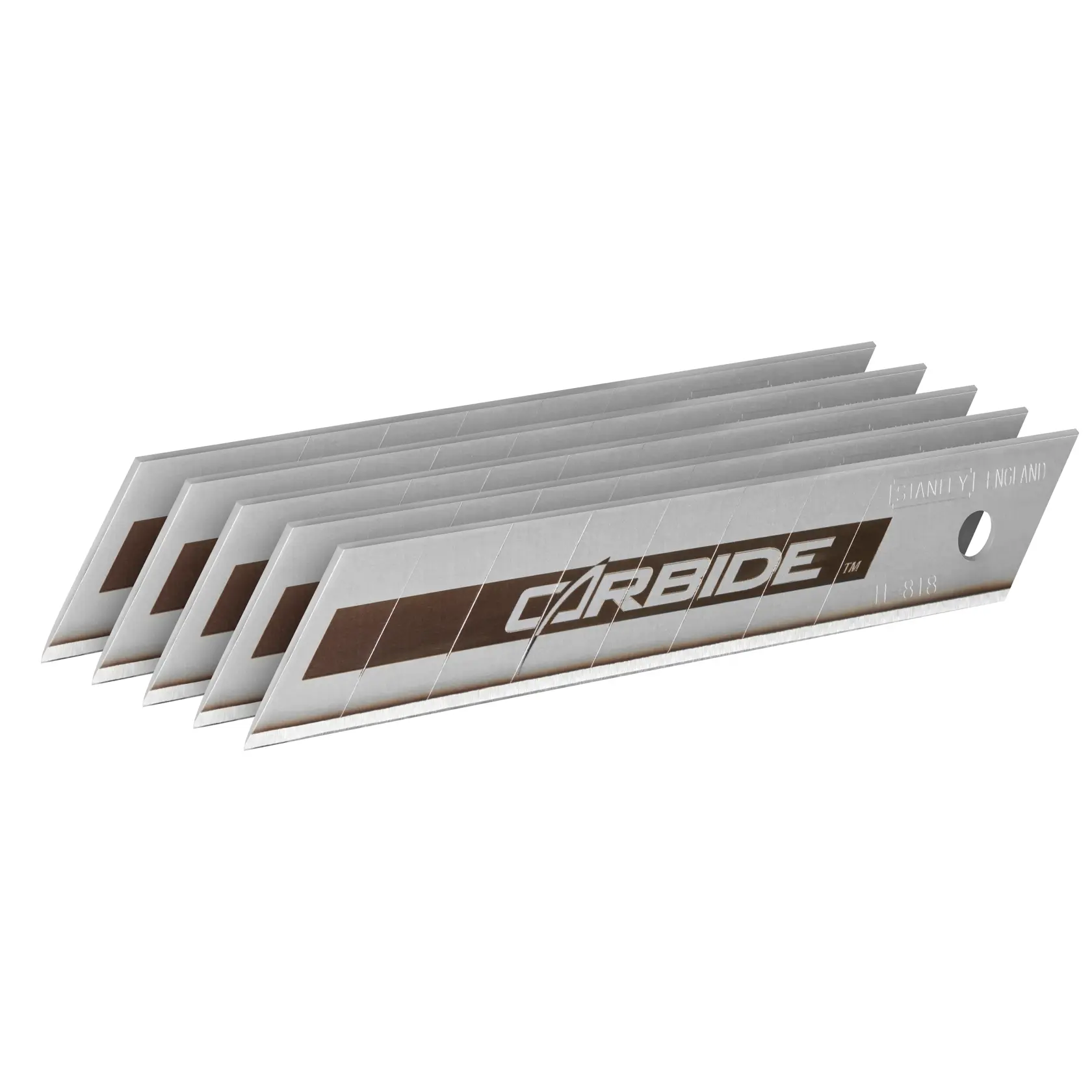 STANLEY STHT0-11818 snap-off utility knife blades, silver with brown stripe, angled stacked view.