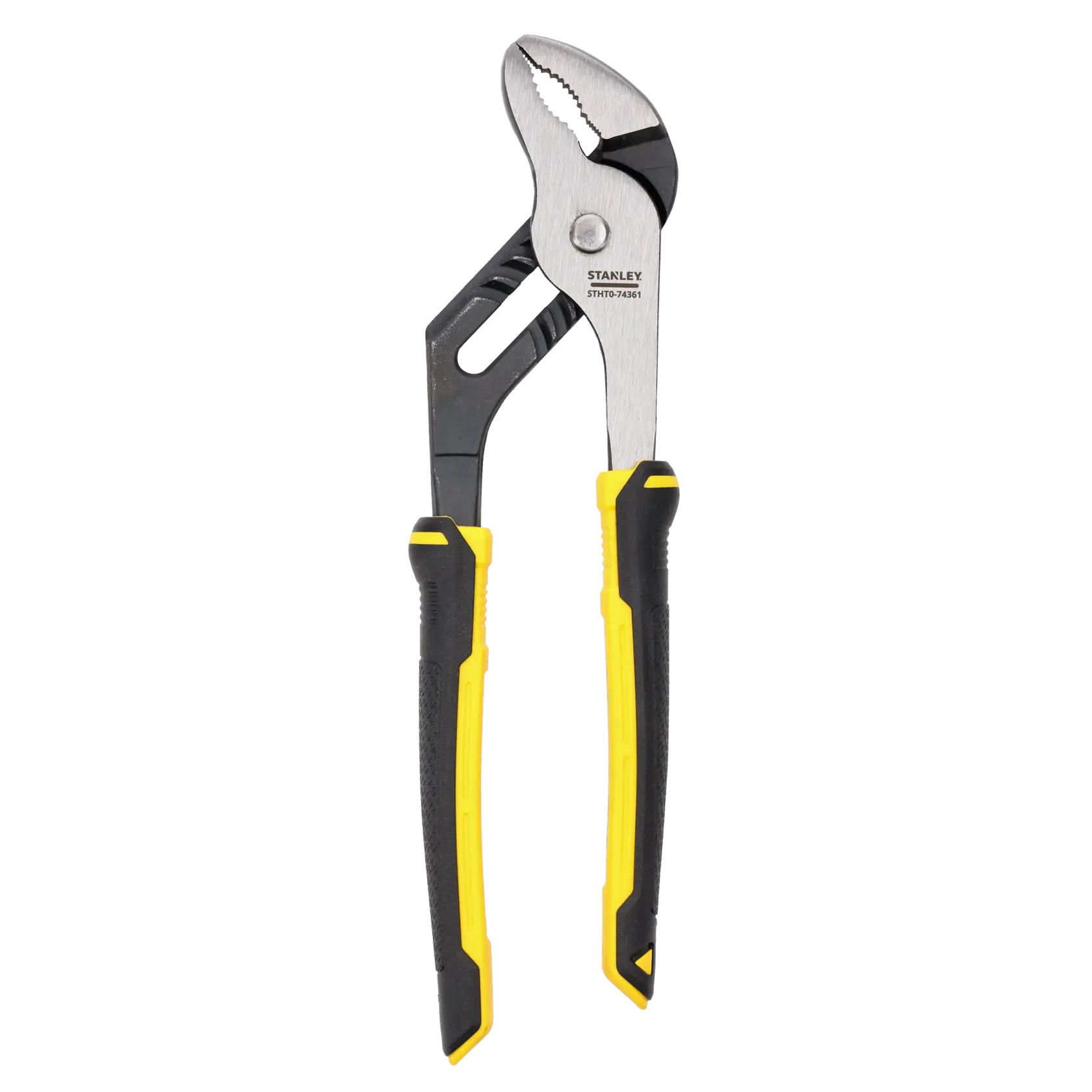 Photo of STANLEY STHT0-74361 slip joint pliers with yellow and black rubber grips, front angle on white background.