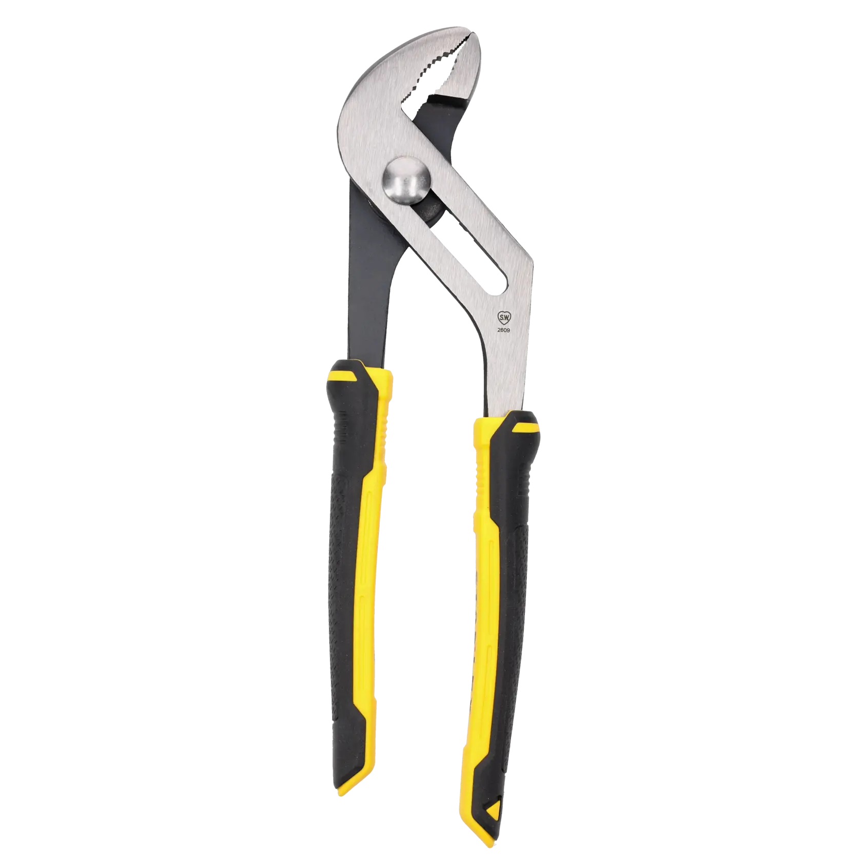 Adjustable channel lock pliers with black and yellow handles, suitable for gripping pipes and fittings.