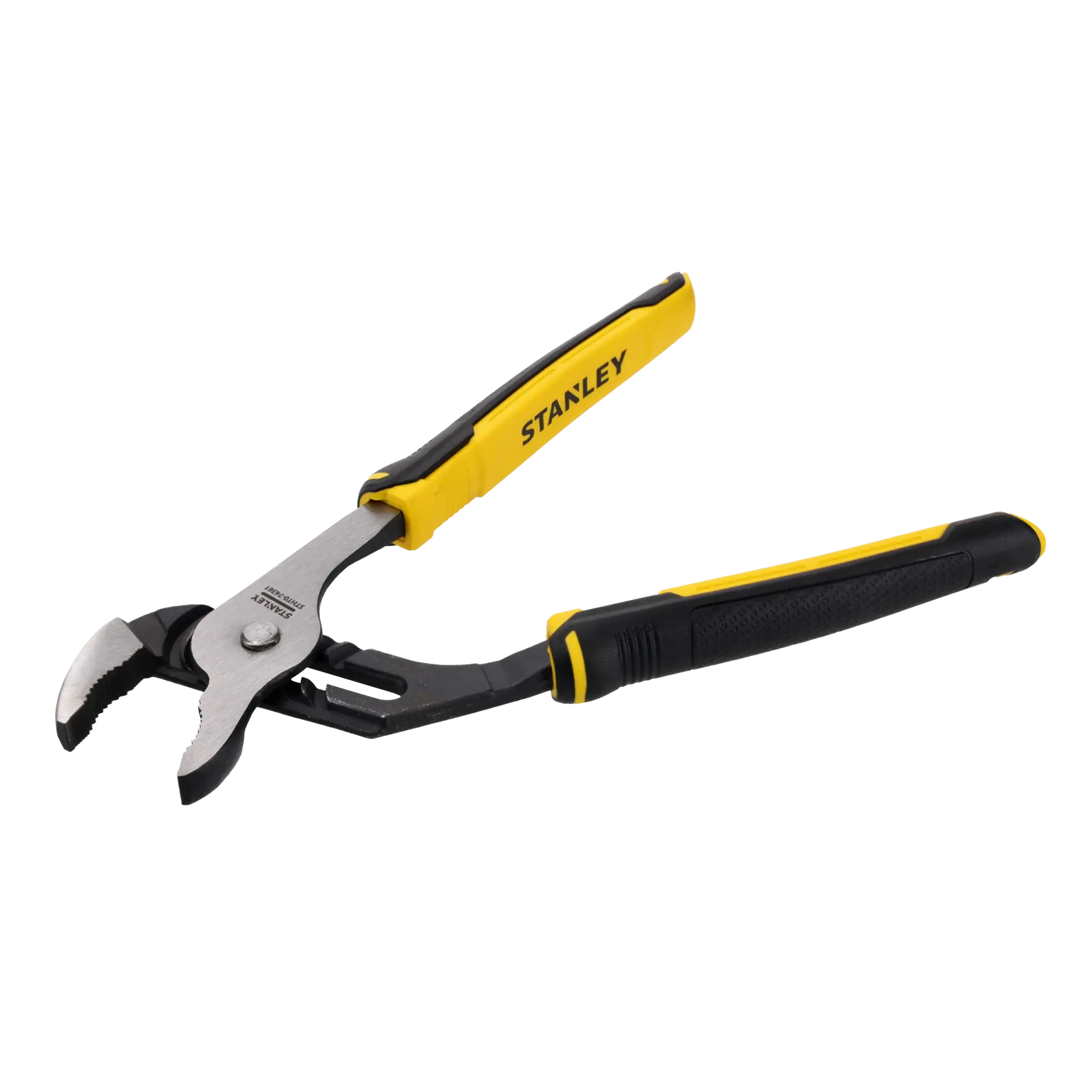 Stanley adjustable groove joint pliers with black and yellow handles, isolated on a white background.
