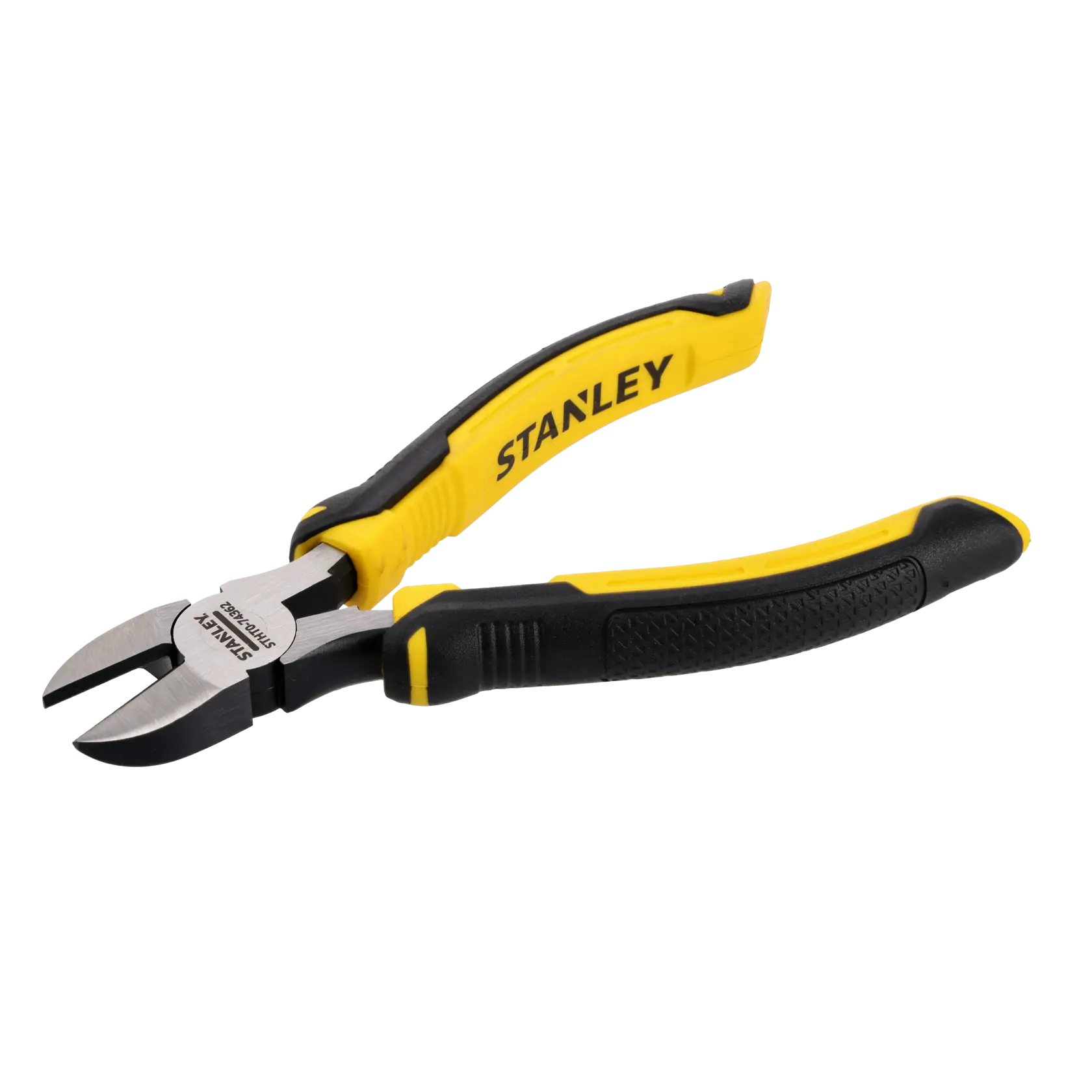 Photo of STANLEY STHT0-74362 diagonal cutting pliers with yellow and black handles, angled view on white background.