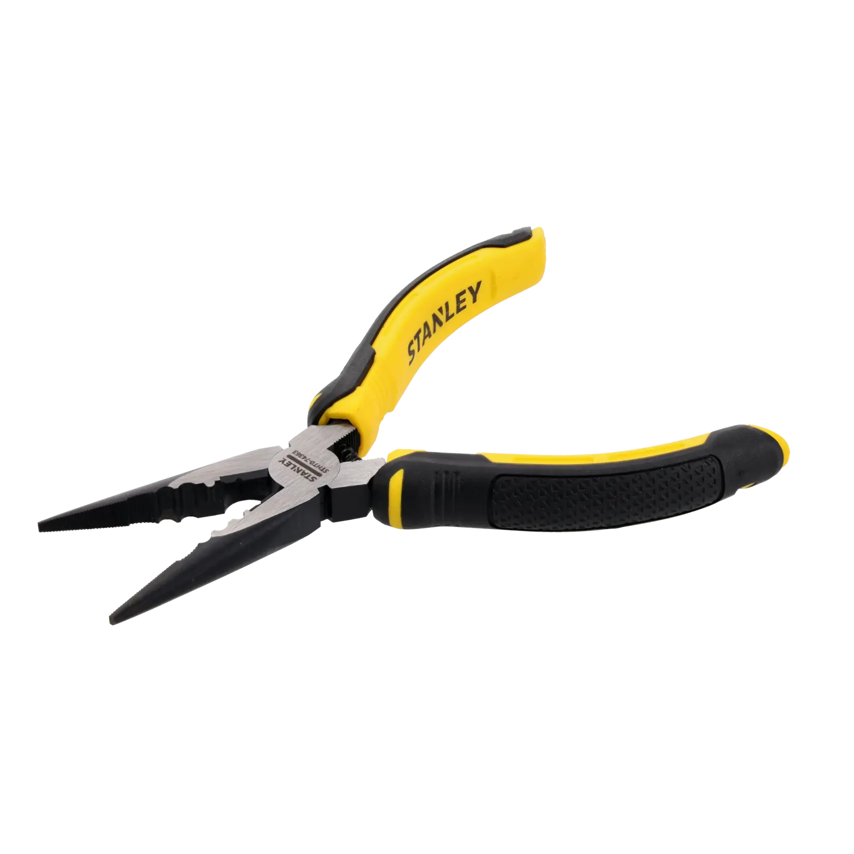 A pair of STANLEY long nose pliers with yellow and black ergonomic handles and metal jaws, designed for precision gripping and cutting.