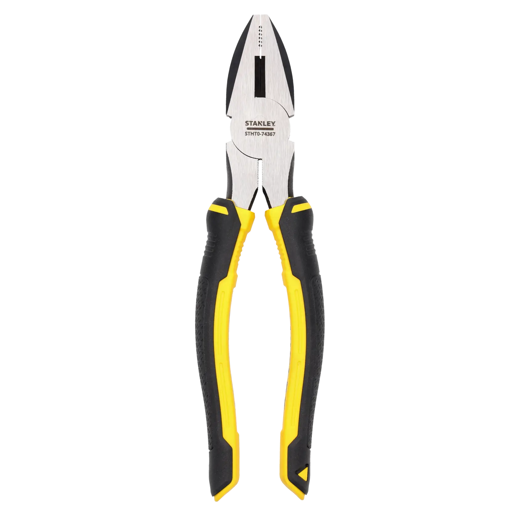 Stanley diagonal cutting pliers with yellow and black handles, shown on a white background.