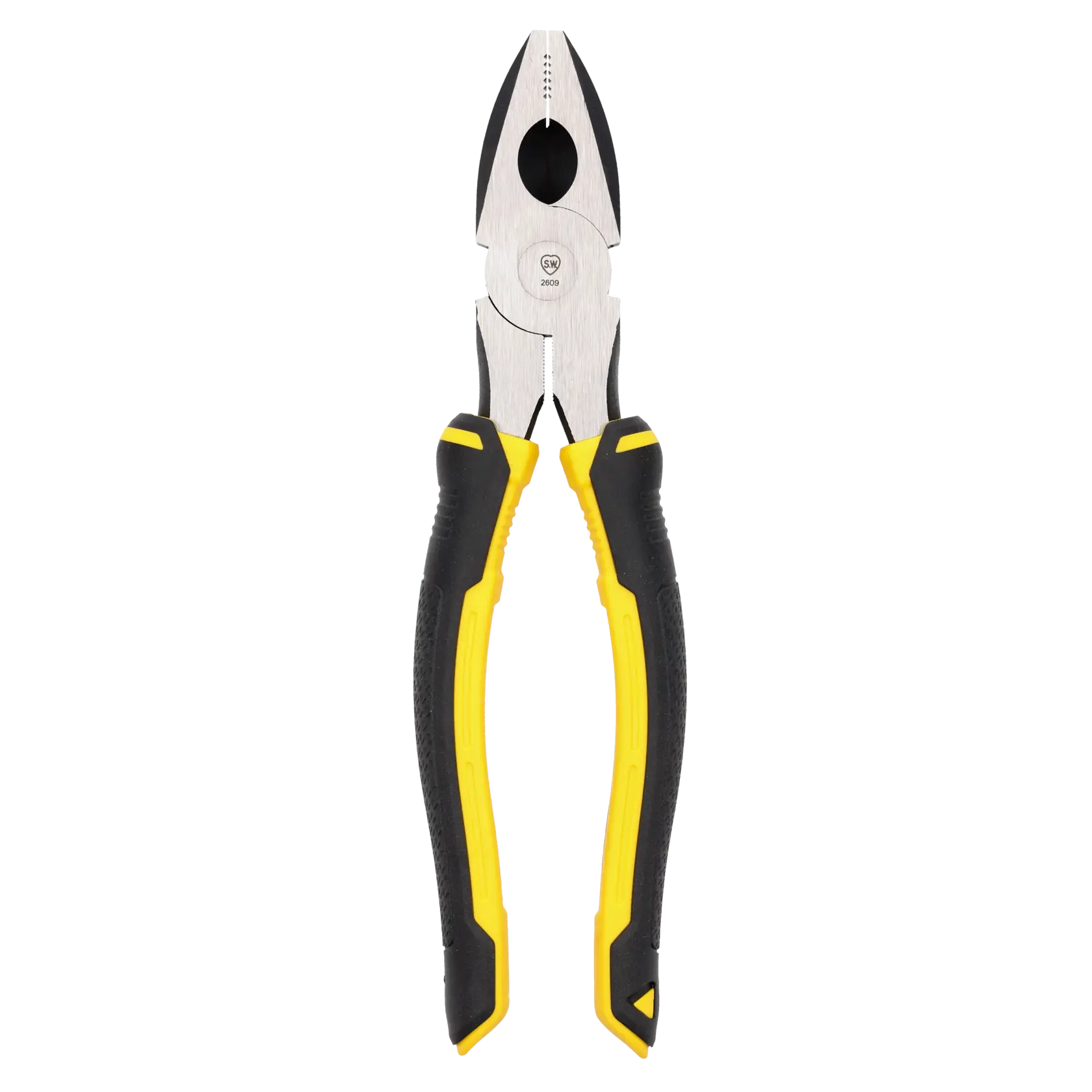 STANLEY STHT0-74367 insulated combination pliers with yellow and black handles, angled photo.