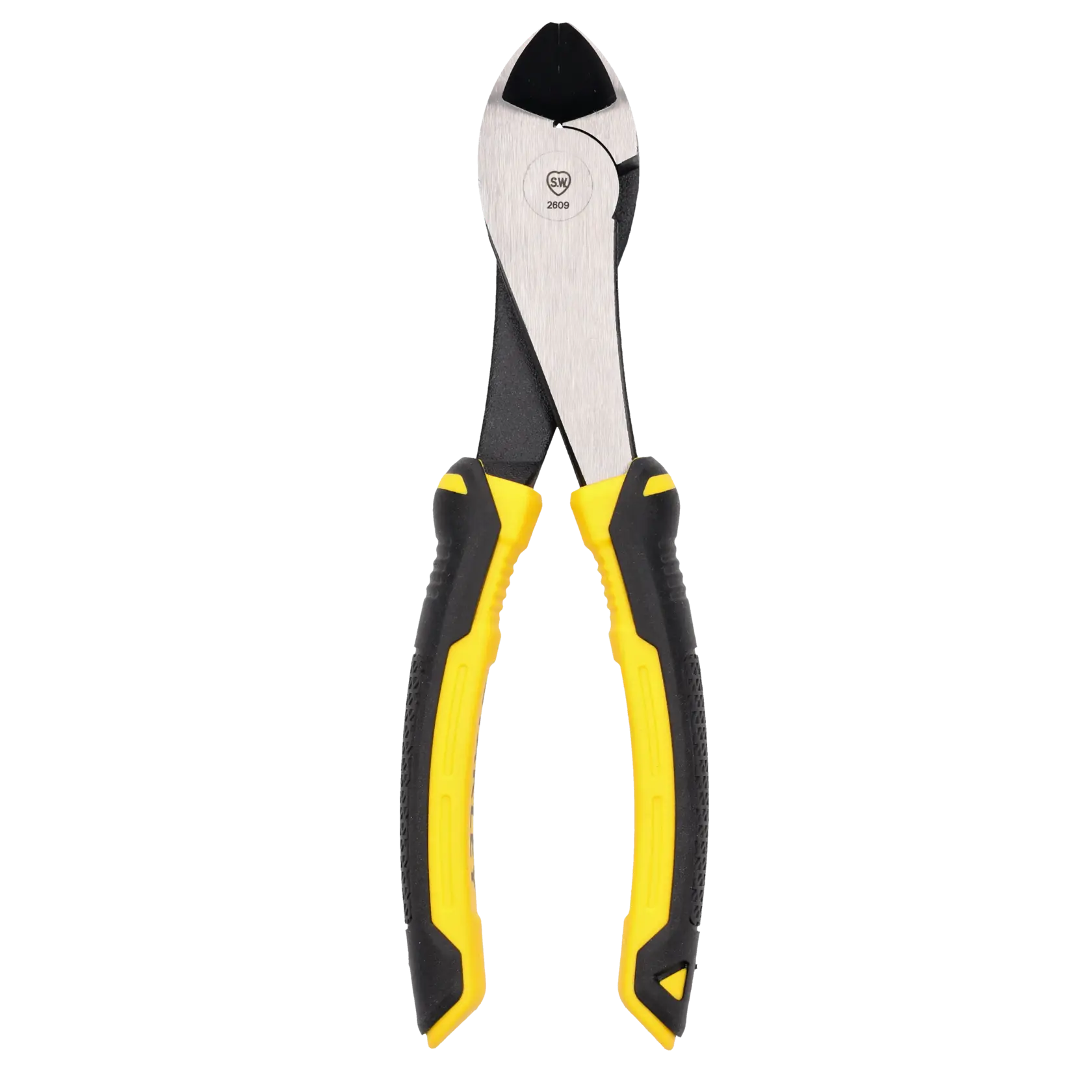 Photo of STANLEY STHT0-74455 diagonal cutting pliers with yellow and black handles, front view on white background.