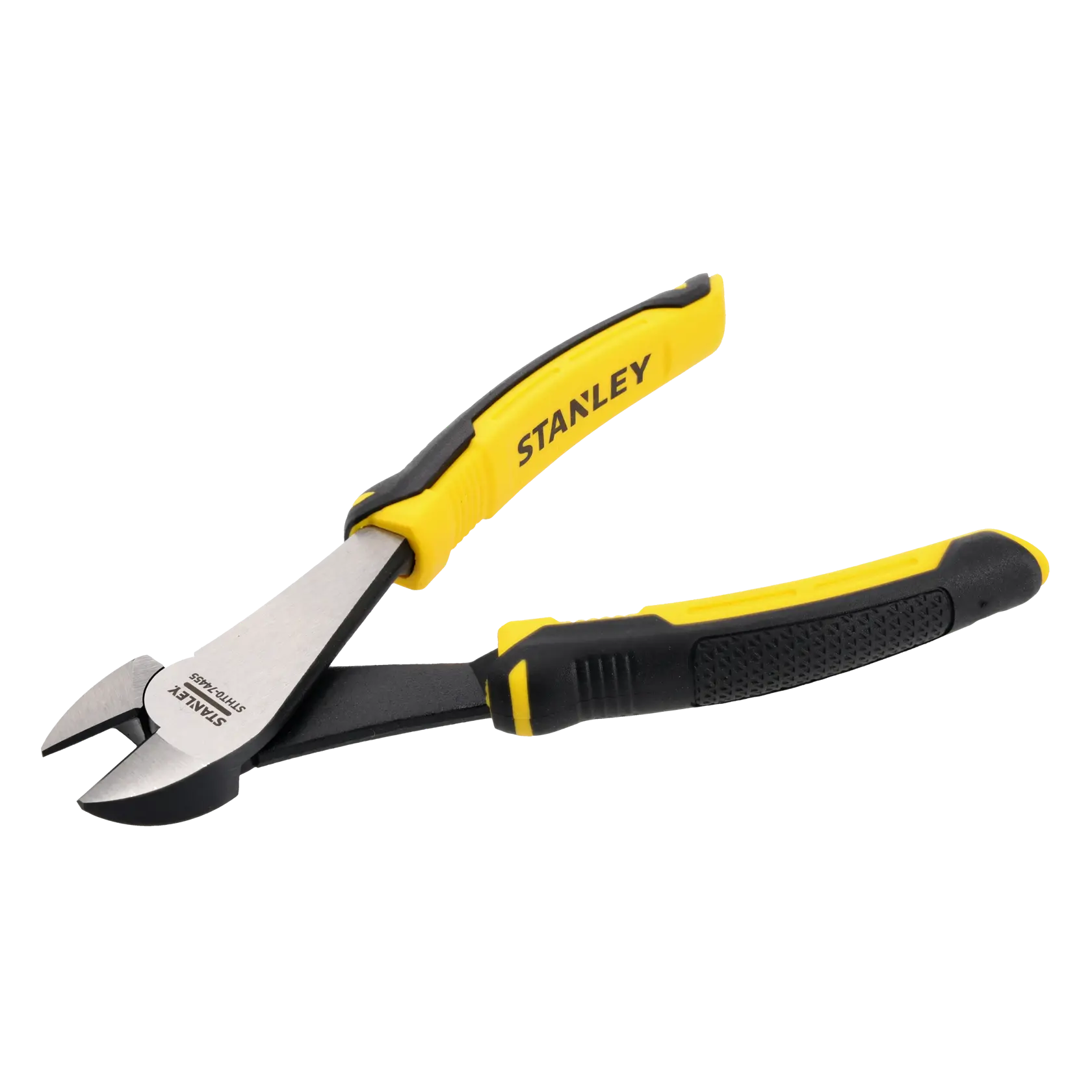 STANLEY STHT0-74455 diagonal cutting pliers with black and yellow handles, angled view on white background.