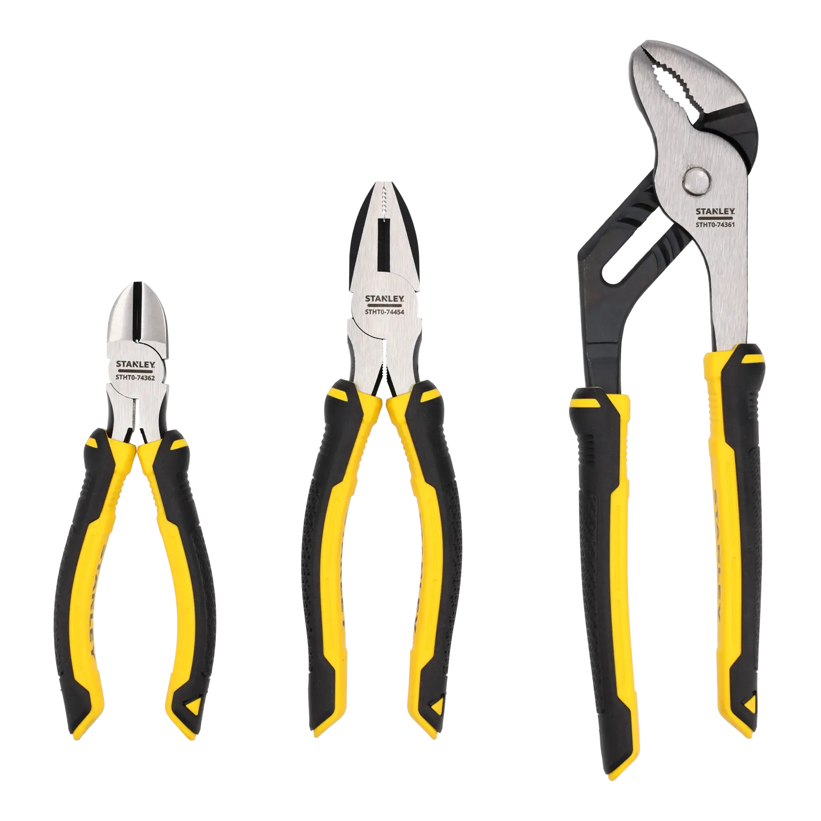 Stanley set of three pliers with black and yellow handles, displayed upright on a white background.