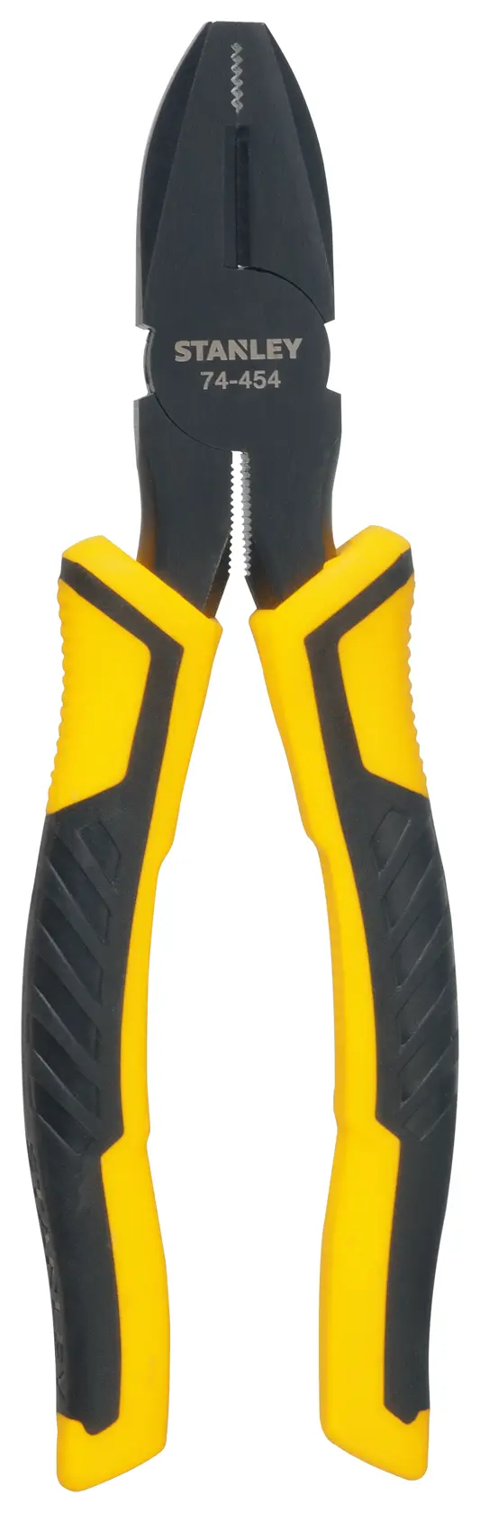 A pair of STANLEY combination pliers with black and yellow handles, shown against a white background.