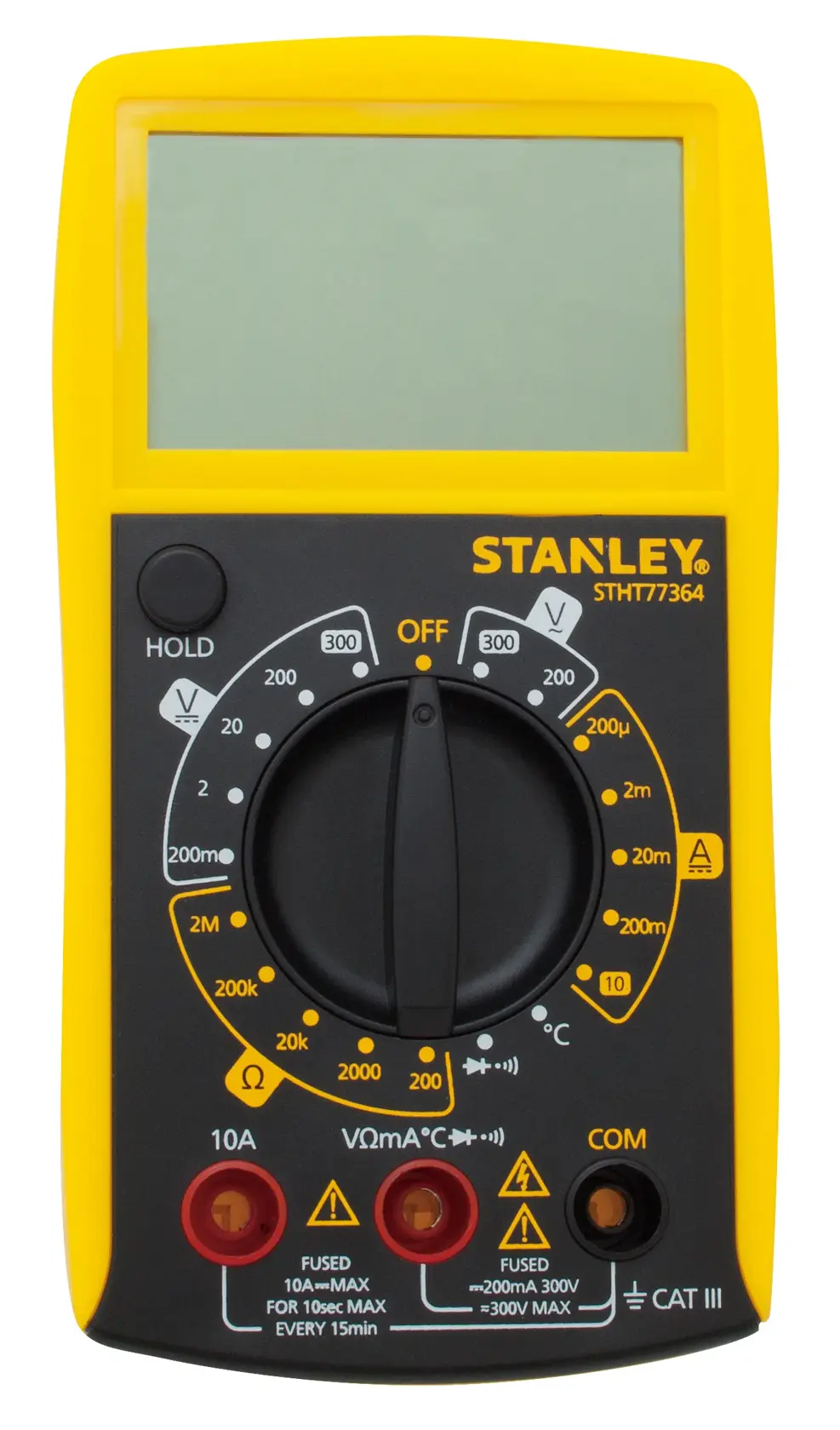 Photo of STANLEY STHT0-77364 digital multimeter, front view, yellow casing, clear dial and ports.