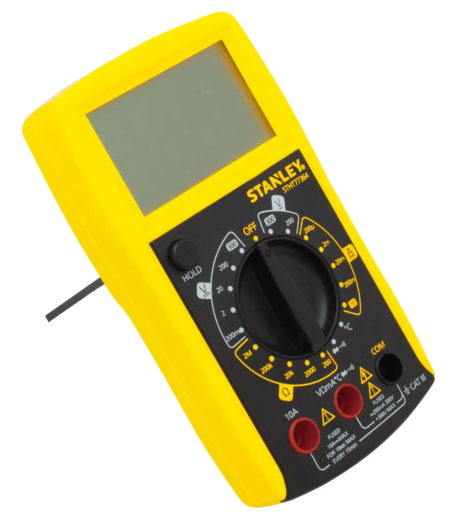Photo of STANLEY STHT0-77364 digital multimeter, yellow casing, angled view, showing control dial and ports.