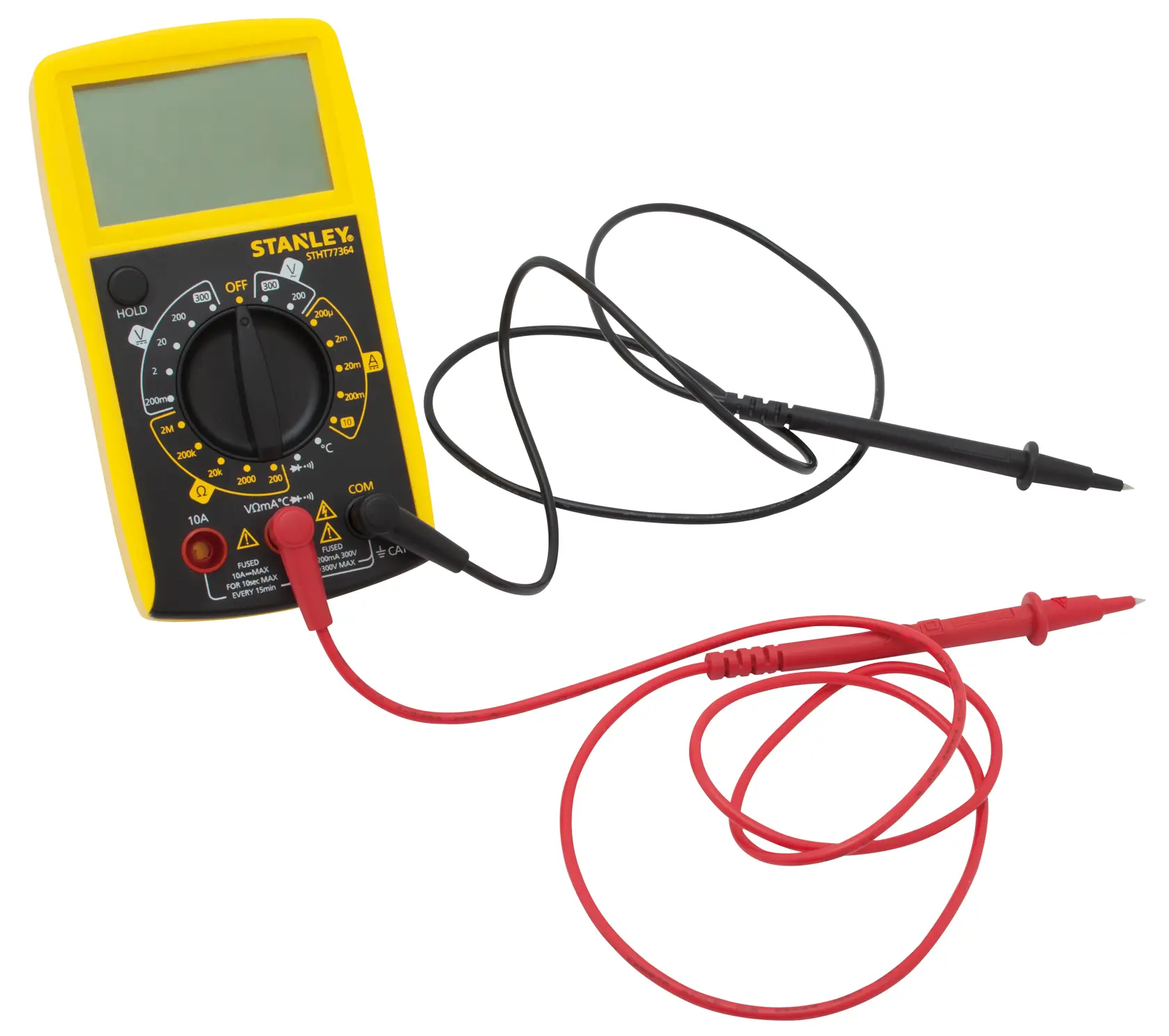 Photo of STANLEY STHT0-77364 digital multimeter with yellow casing, large display, and red and black test leads, front angle.