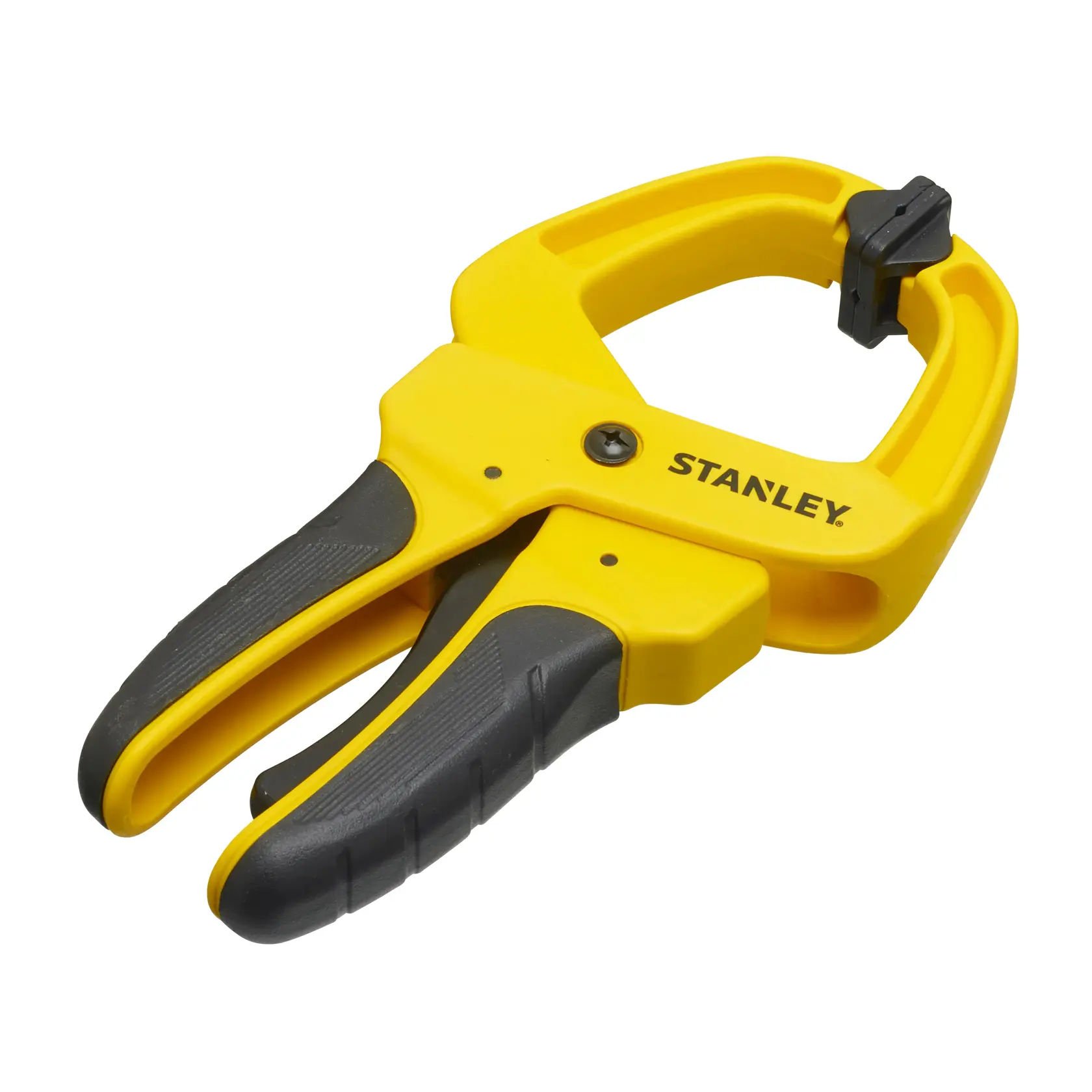 Yellow and black Stanley plastic clamp tool with ergonomic grip, shown isolated on a white background.
