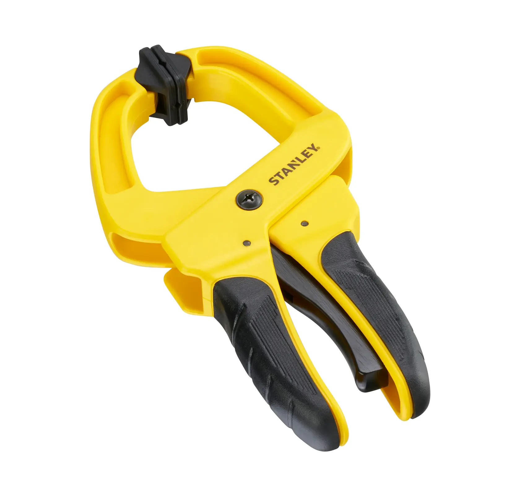 STANLEY STHT0-83199 yellow and black spring clamp, front angle, with ergonomic grip, on white background.