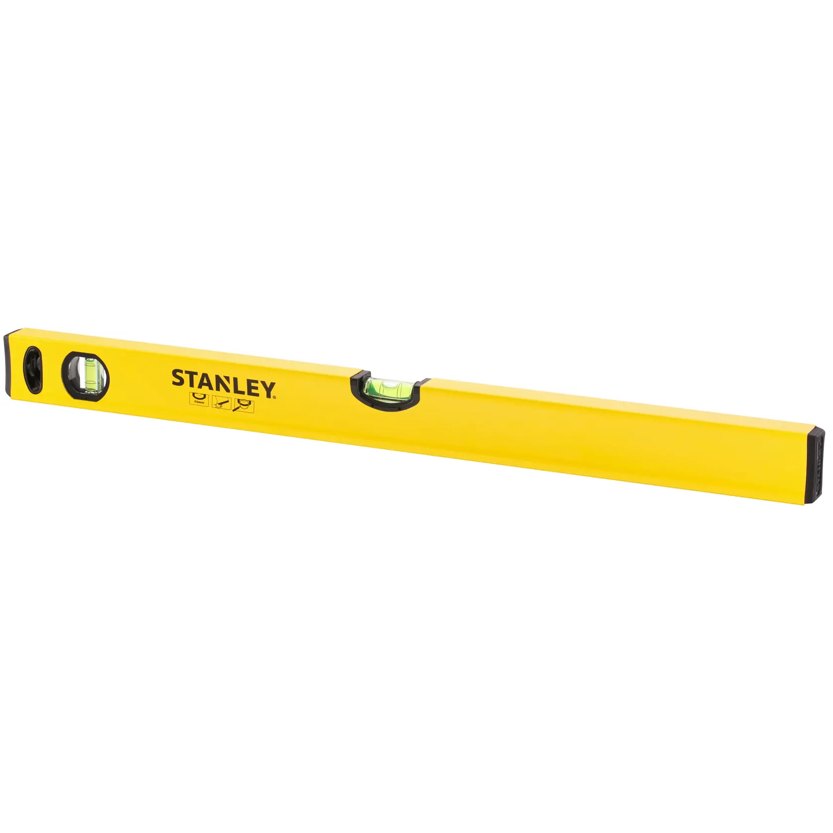 Yellow Stanley spirit level tool with two vials for measuring horizontal and vertical alignment.