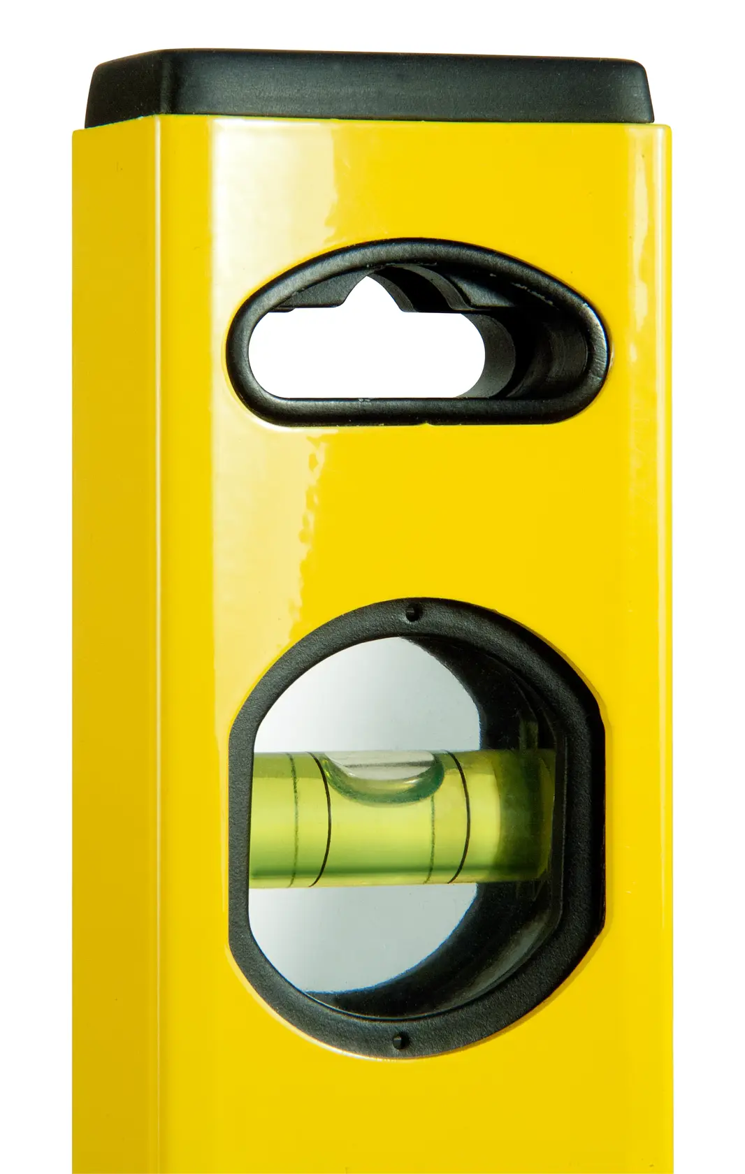 Photo of STANLEY STHT1-43103 yellow spirit level close-up, showing horizontal vial and hand grip, front angle.