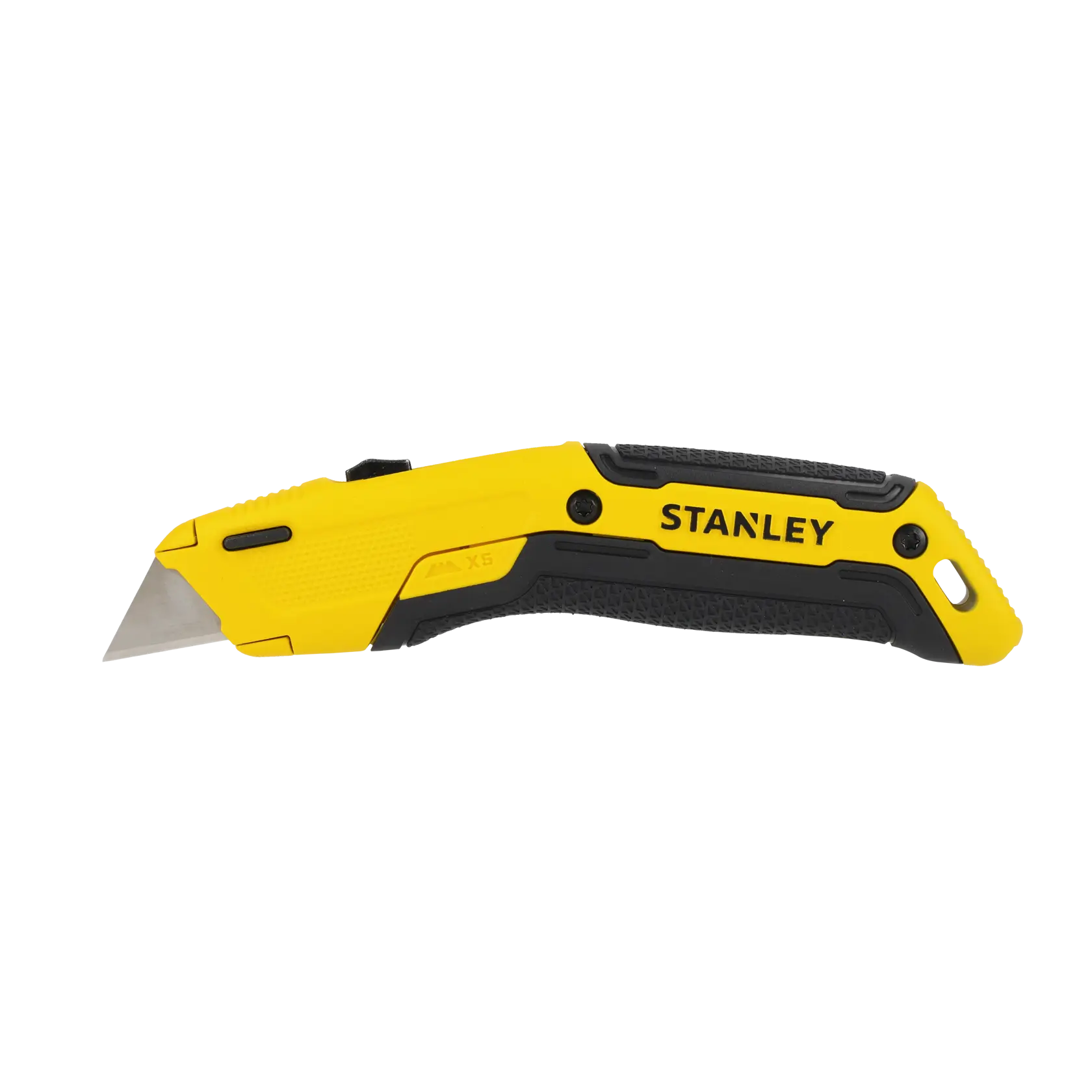 A yellow and black Stanley utility knife with a retractable blade, designed for cutting various materials.