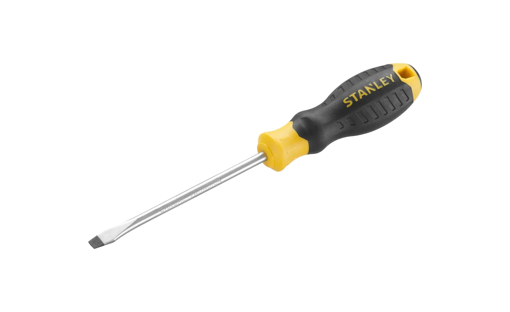 STANLEY STHT16146-0 flathead screwdriver, yellow and black handle, side angle, photography.