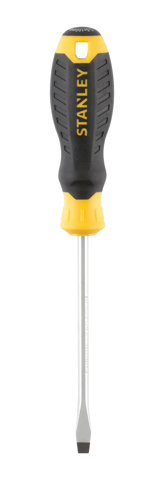 STANLEY STHT16146-0 flathead screwdriver with yellow and black handle, front angle on white background.