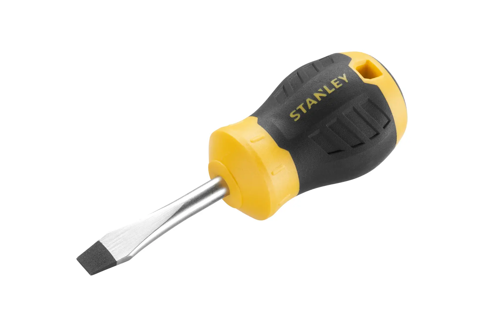 STANLEY STHT16147-0 stubby flathead screwdriver with yellow and black handle, angled view, product photography.