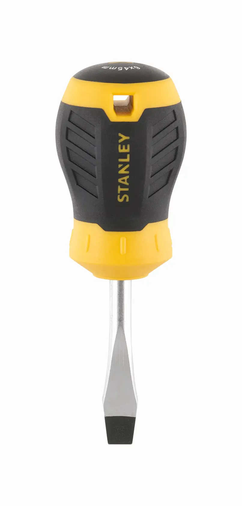 STANLEY STHT16147-0 stubby flathead screwdriver with black and yellow handle, front view on white background.
