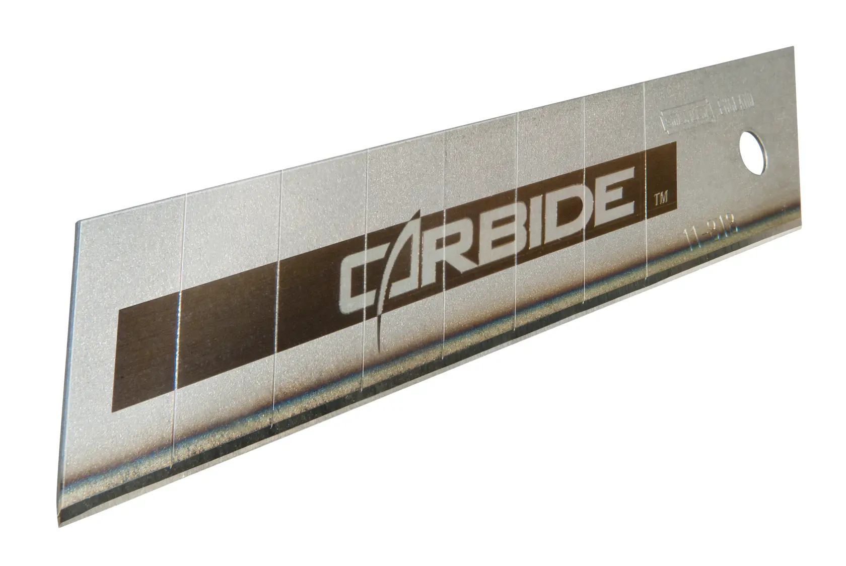 STANLEY STHT2-11818 carbide snap-off utility blade, silver finish, photography, angled view.